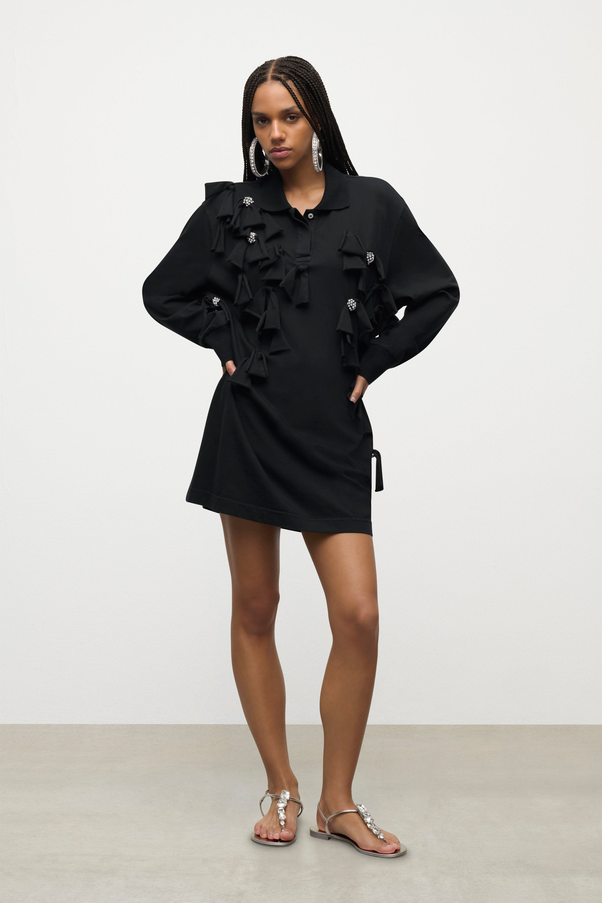 ALLOVER CRYSTAL EMBELLISHED BOW LONG SLEEVE POLO - 3
