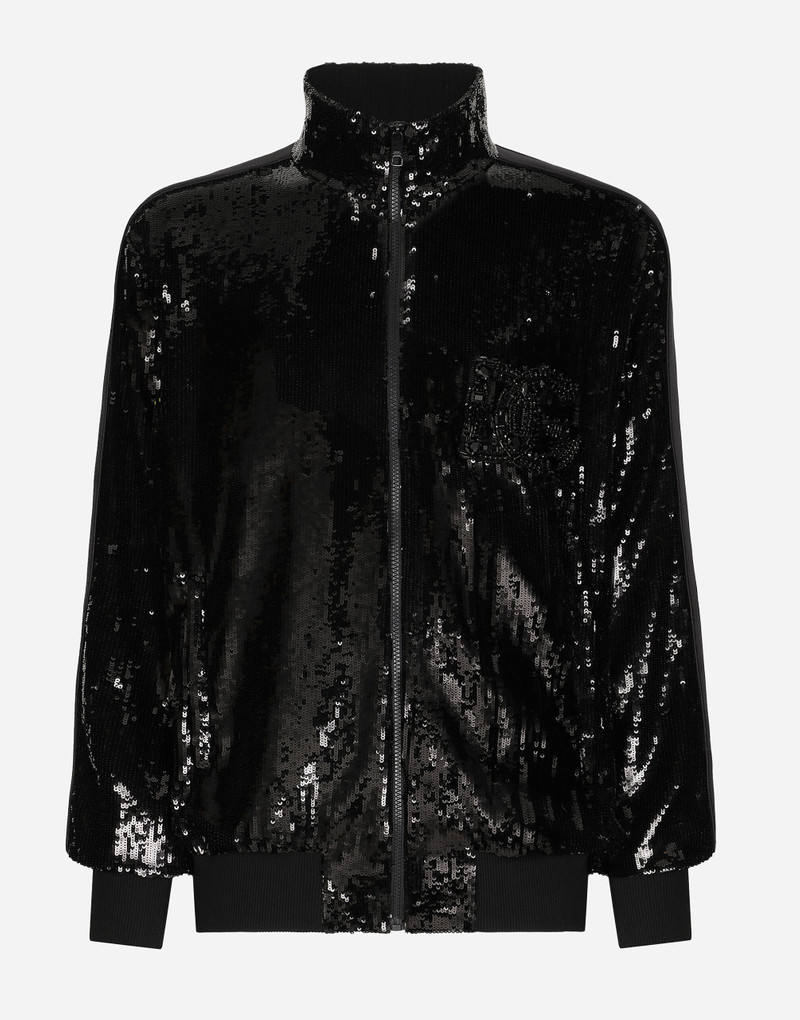 Sequined zip-up sweatshirt with rhinestone-detailed DG patch 1