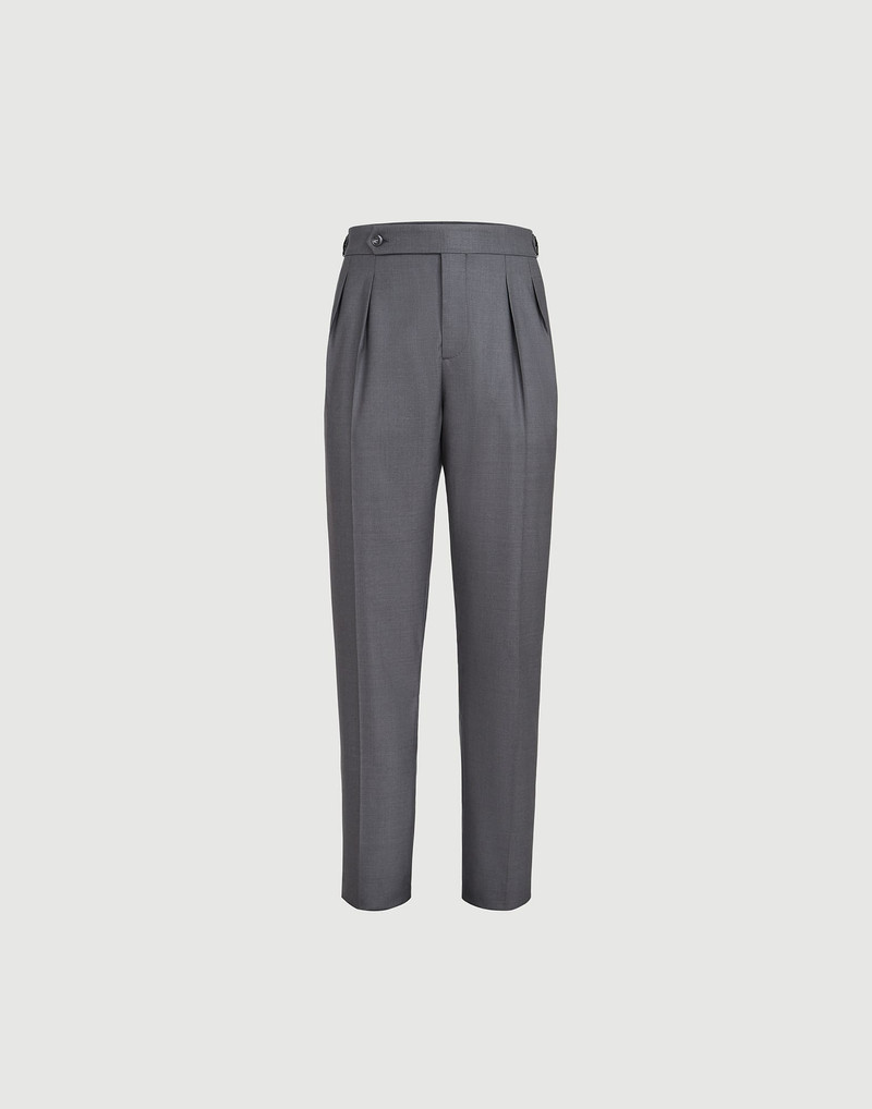 Virgin wool and silk lightweight twill tuxedo trousers with double pleats and waist tabs 1