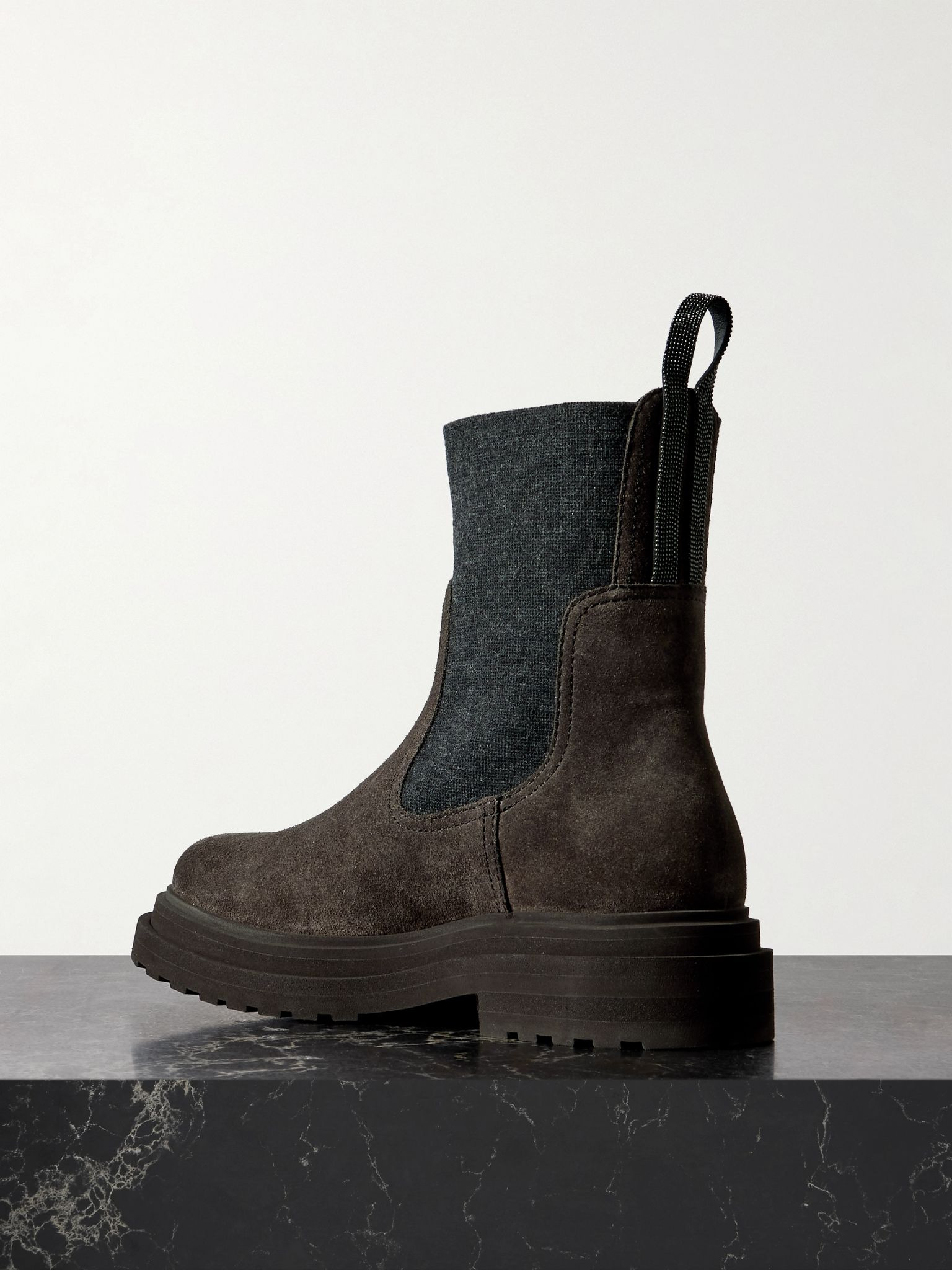 Bead-embellished knit-trimmed suede Chelsea boots Chocolate - 3