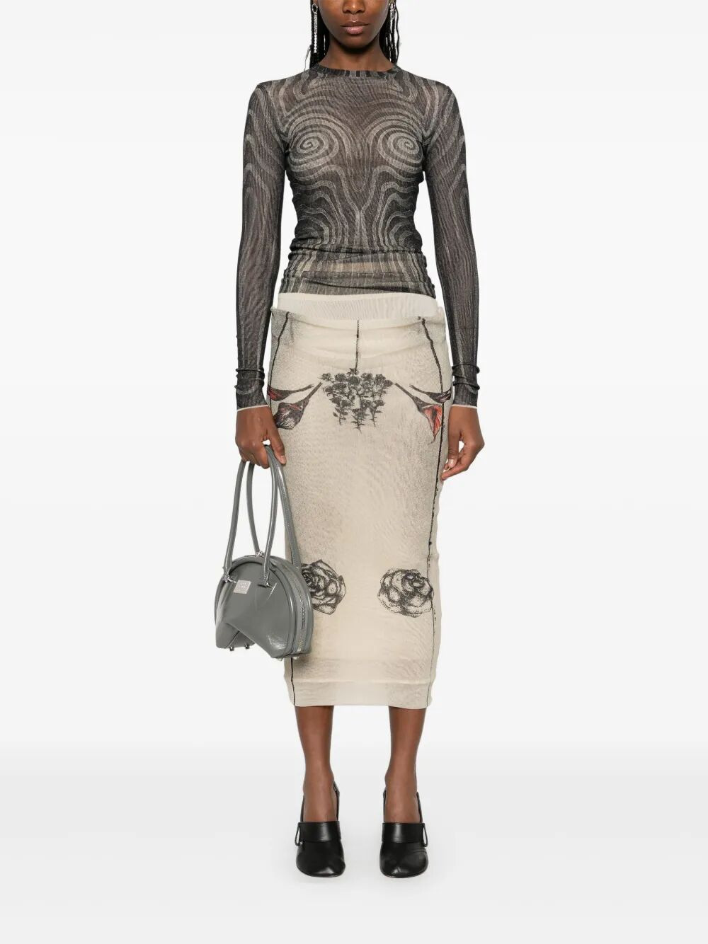 Jean Paul Gaultier Women Mesh Skirt Double Layer Printed "Tattoo Rose & Bird" - 5
