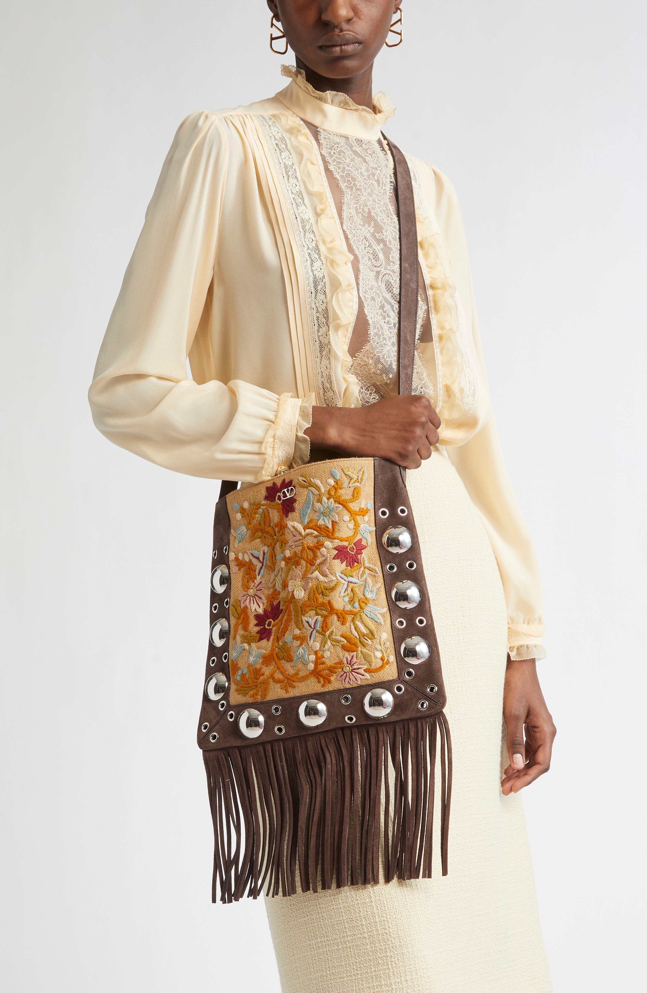 Valentino Garavani Small Nellcôte Fringe Stud Embroidered Crossbody Bag in Brown/Black at Nordstrom - 3