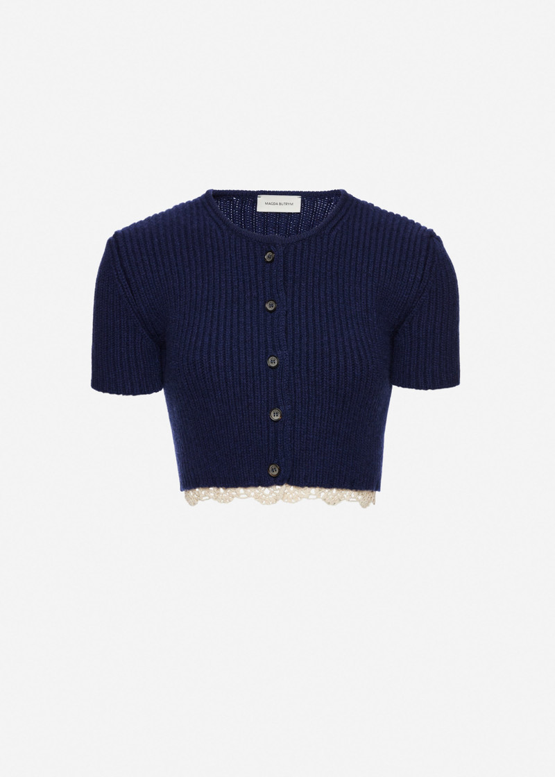 Short-sleeve crochet-trim cropped cardigan in navy 1