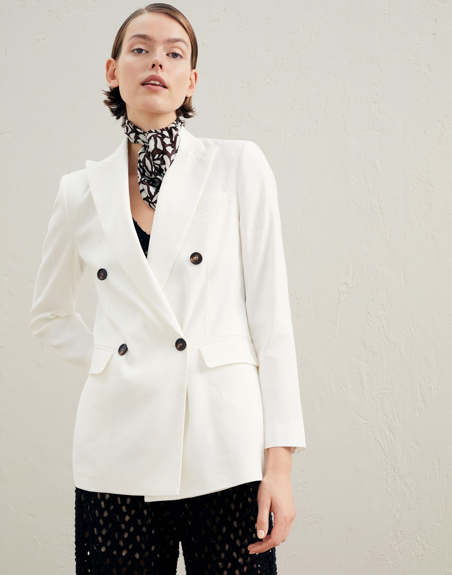 Comfort linen and cotton drill blazer with monili and ramage print foulard - 1