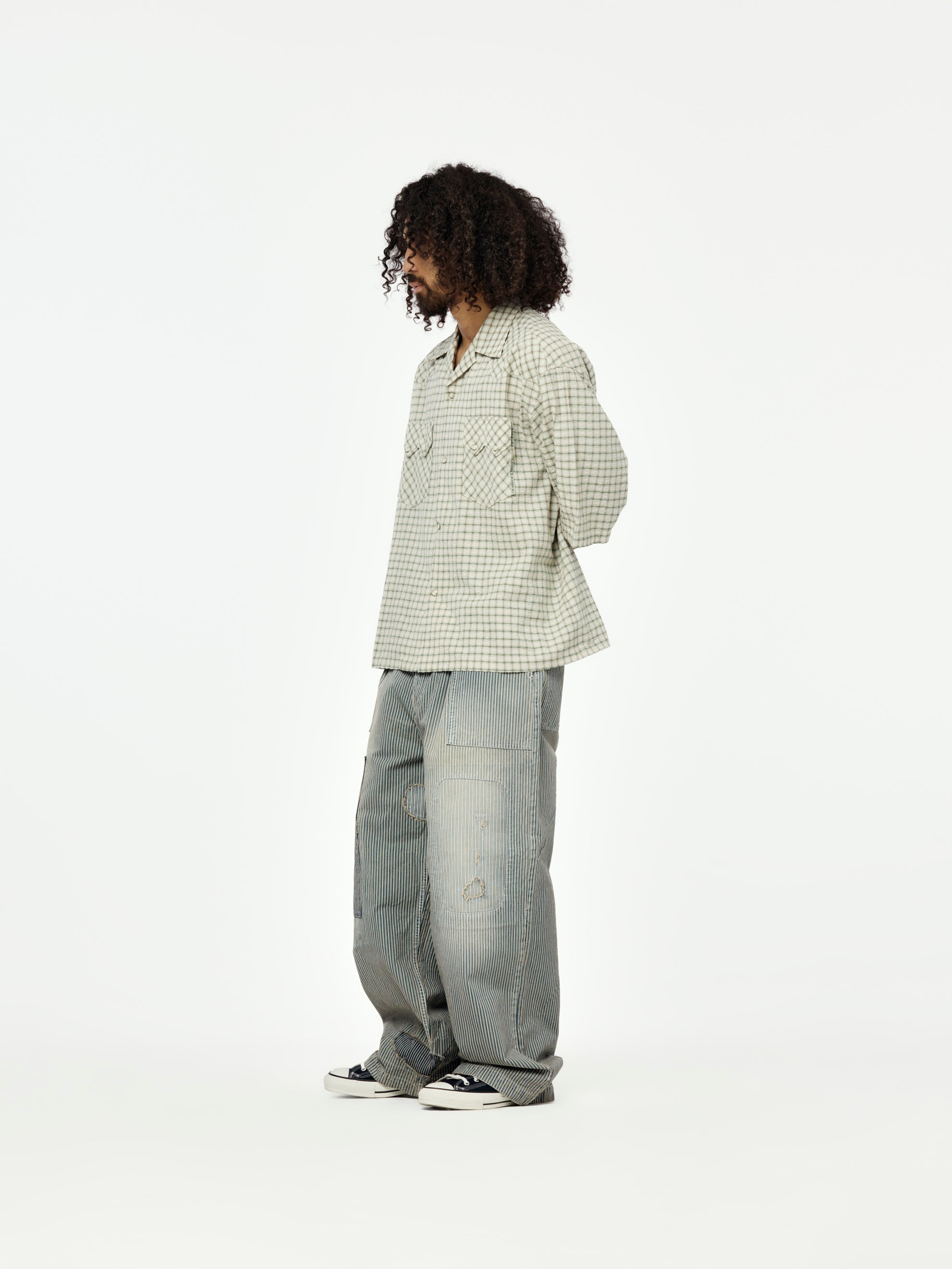 COTTON LINEN SEERSUCKER CHECK OPEN-COLLAR WESTERN BIG SHIRT - 4