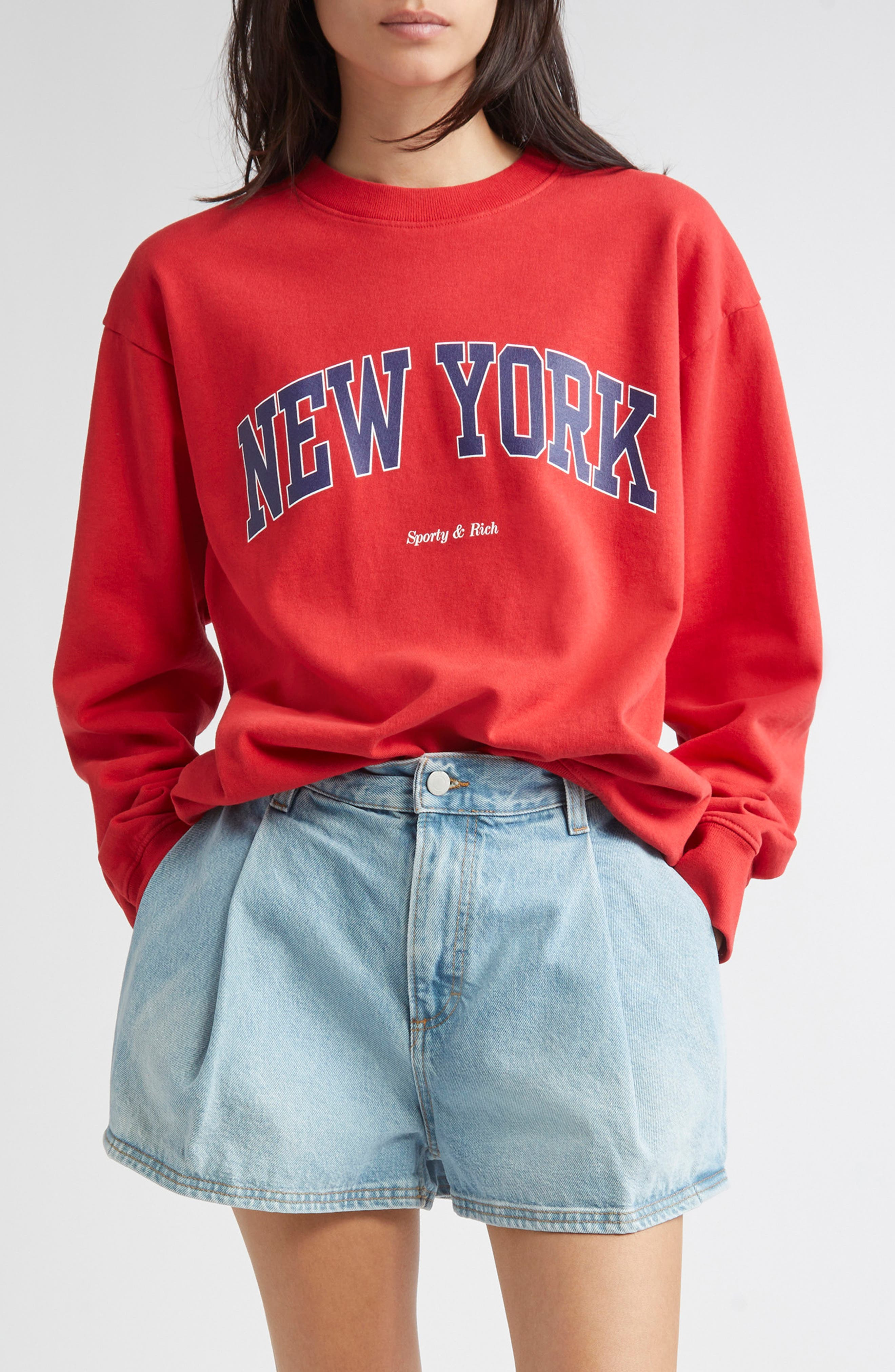 Sporty & Rich New York Ivy Cotton Crewneck Sweatshirt in Ruby at Nordstrom - 1