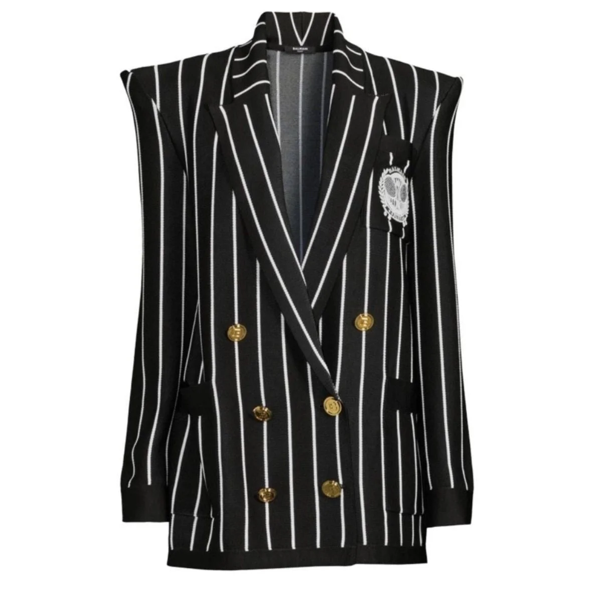 Double-Breasted Black White Striped Wool Blazer - 1