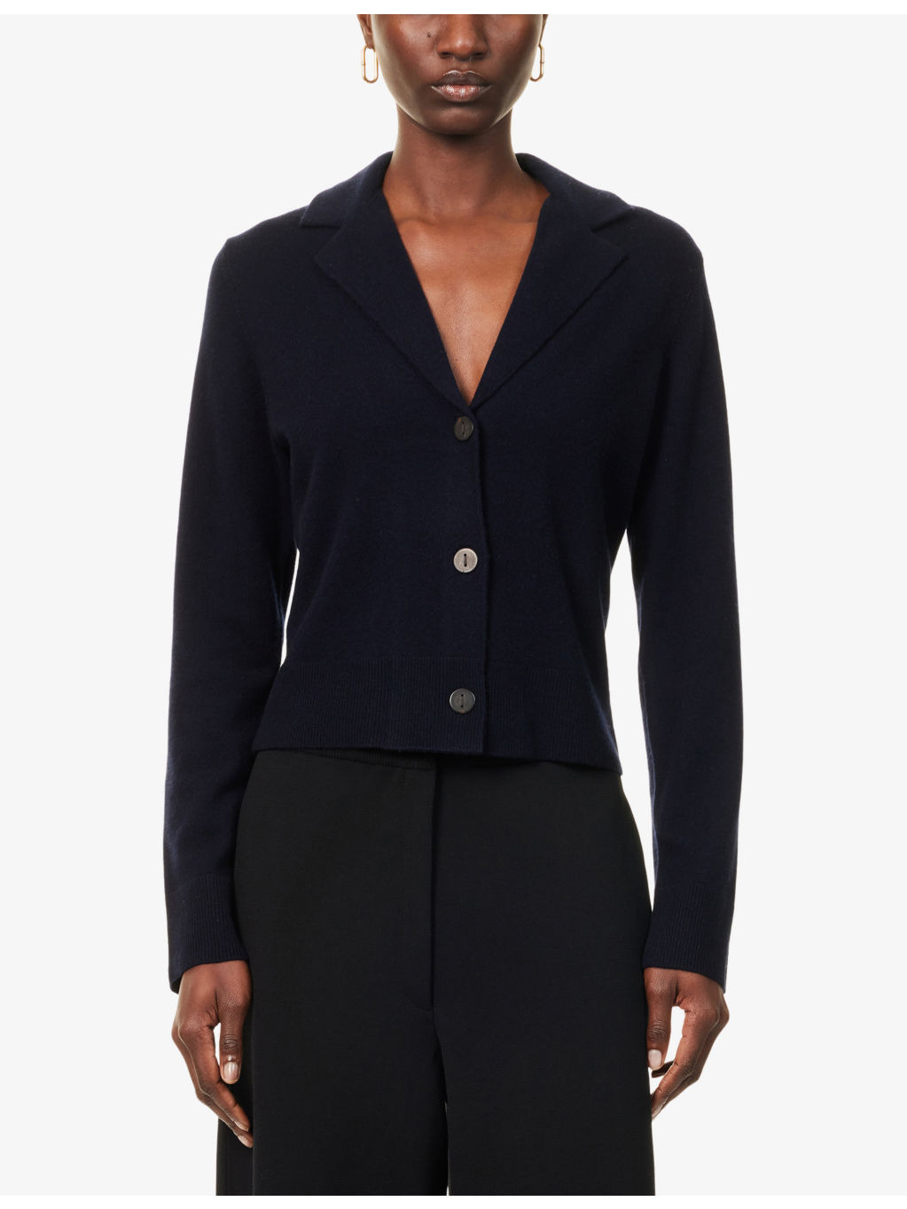 Lapel-Collar Short-Sleeves Stretch-Wool Blend Cardigan - 3