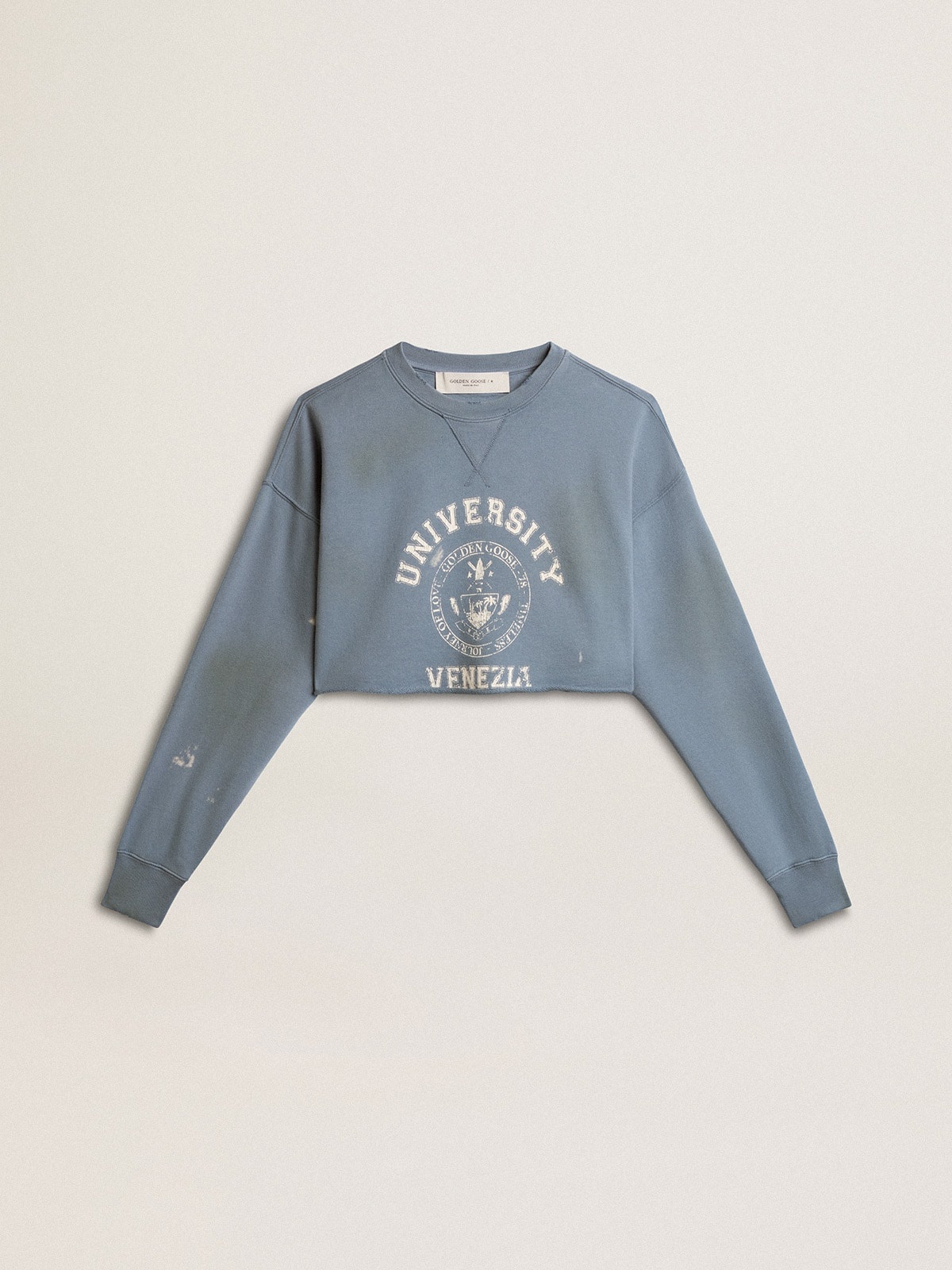 Cropped sweatshirt in baby blue with distressed finish - 1