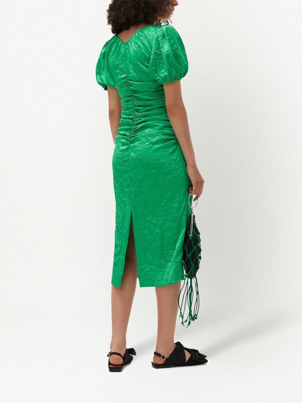 crinkled-effect puff-sleeve midi dress - 3