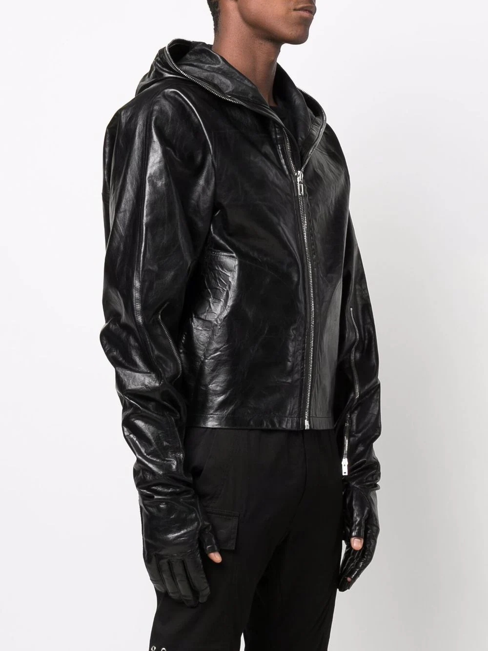 hooded leather biker jacket - 3