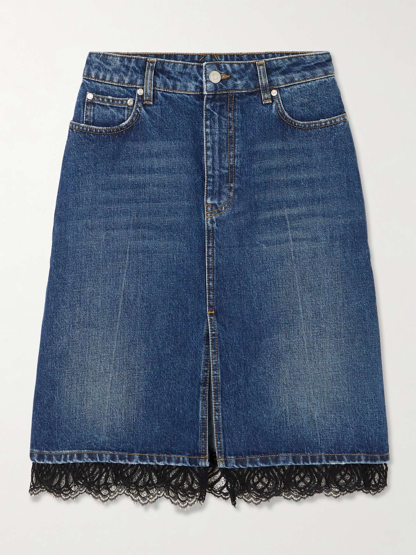 Lace-trimmed denim midi skirt - 1