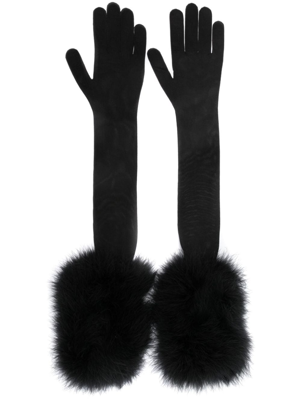 feather-detailed semi-sheer long gloves - 1