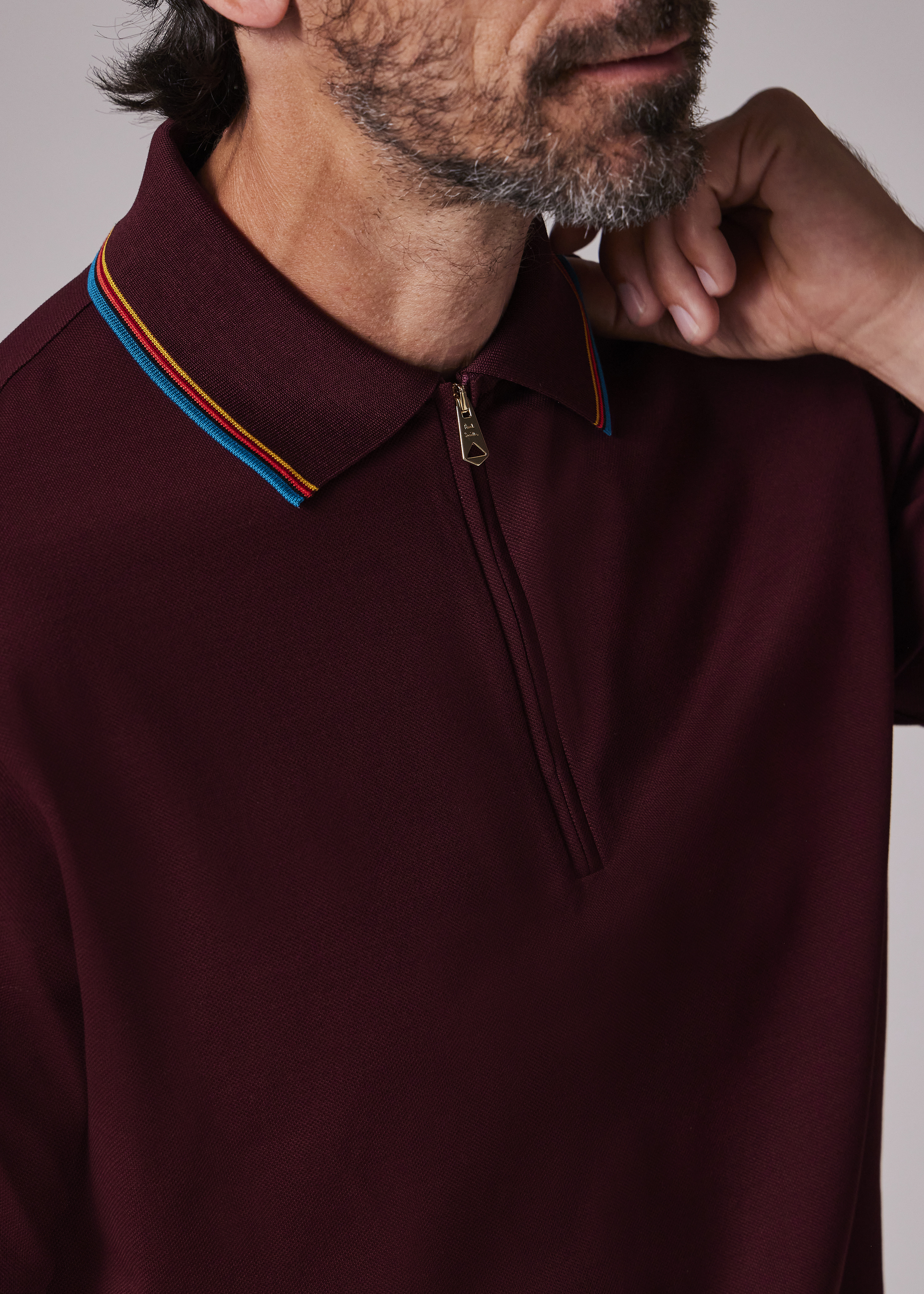 Burgundy Cotton 'Signature Stripe' Trim Zip Polo Shirt - 5