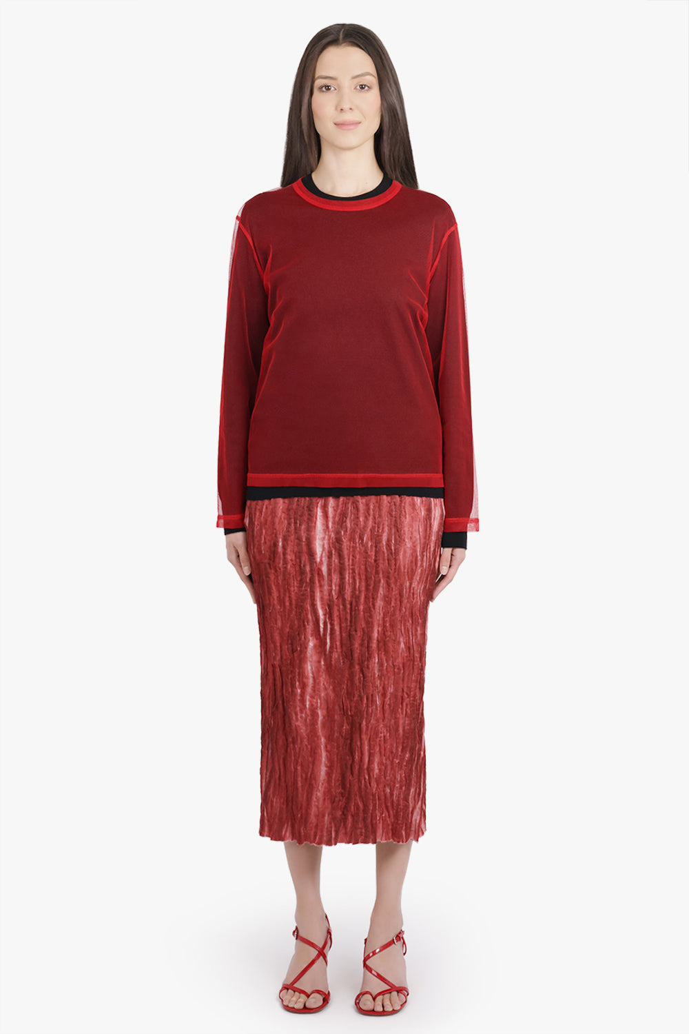 LAYERED TULLE OVERLAY L/S KNITTED TOP | BLACK/RED - 4