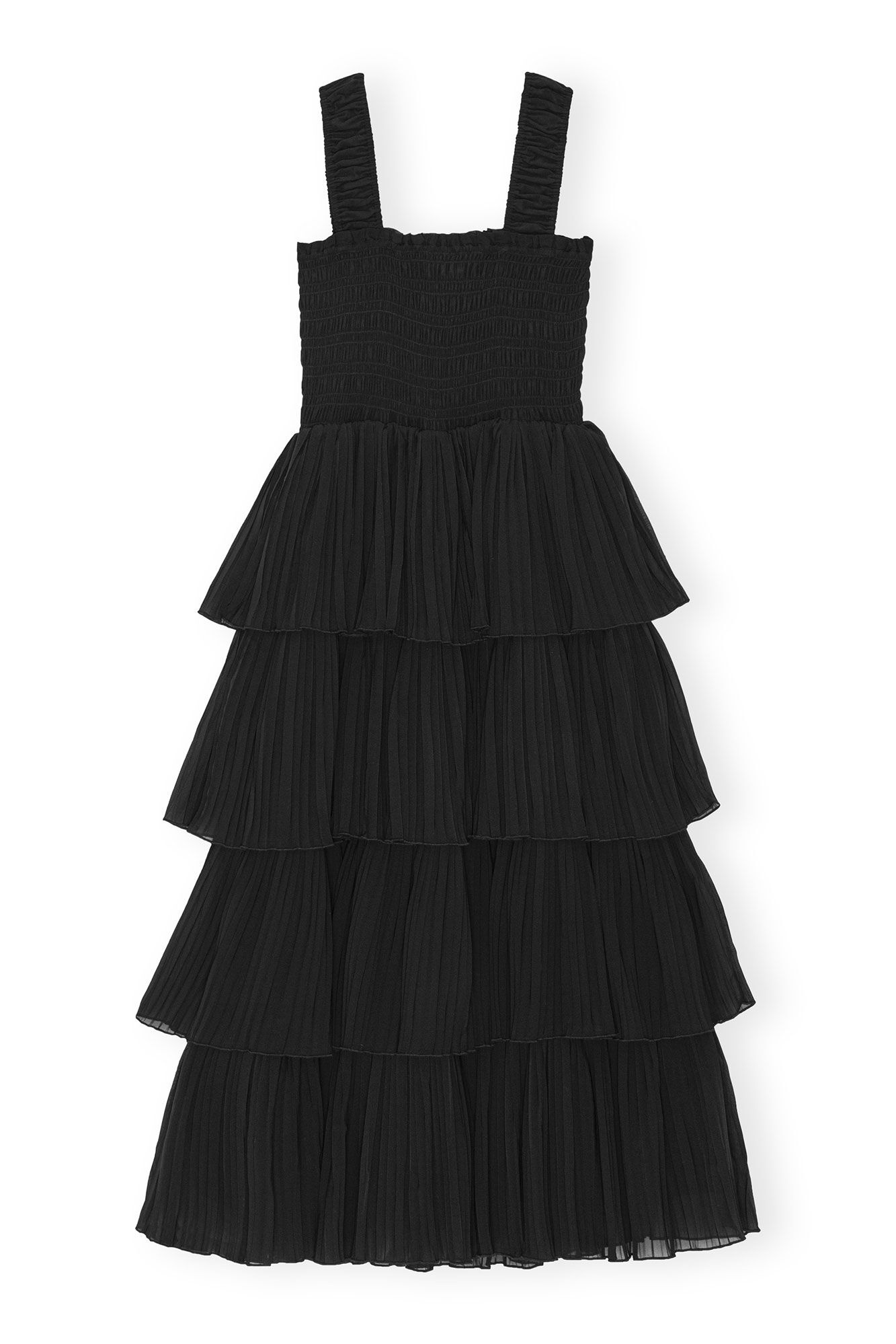 BLACK PLEATED GEORGETTE FLOUNCE SMOCK MIDI DRESS - 1