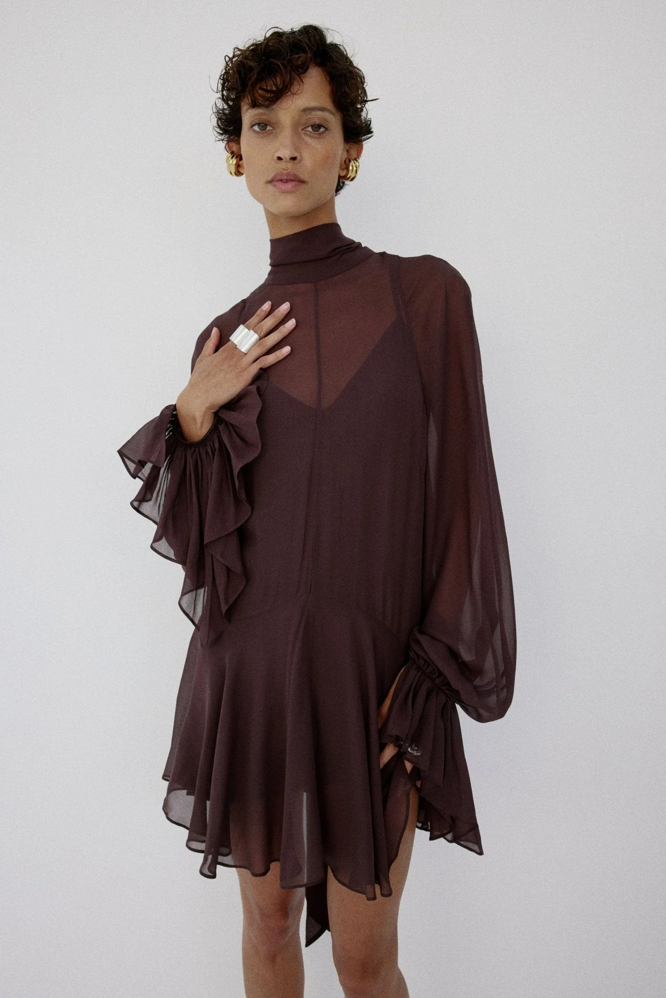 CASIMIRO MINI DRESS IN UMBER BROWN GEORGETTE - 1