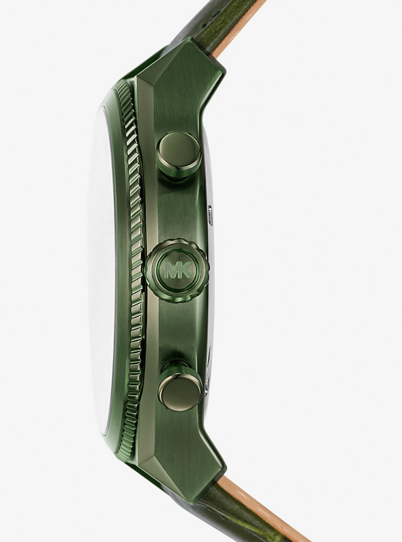 MICHAEL KORS Oversized Panorama Olive-Tone and Crocodile Embossed Leather Watch outlook