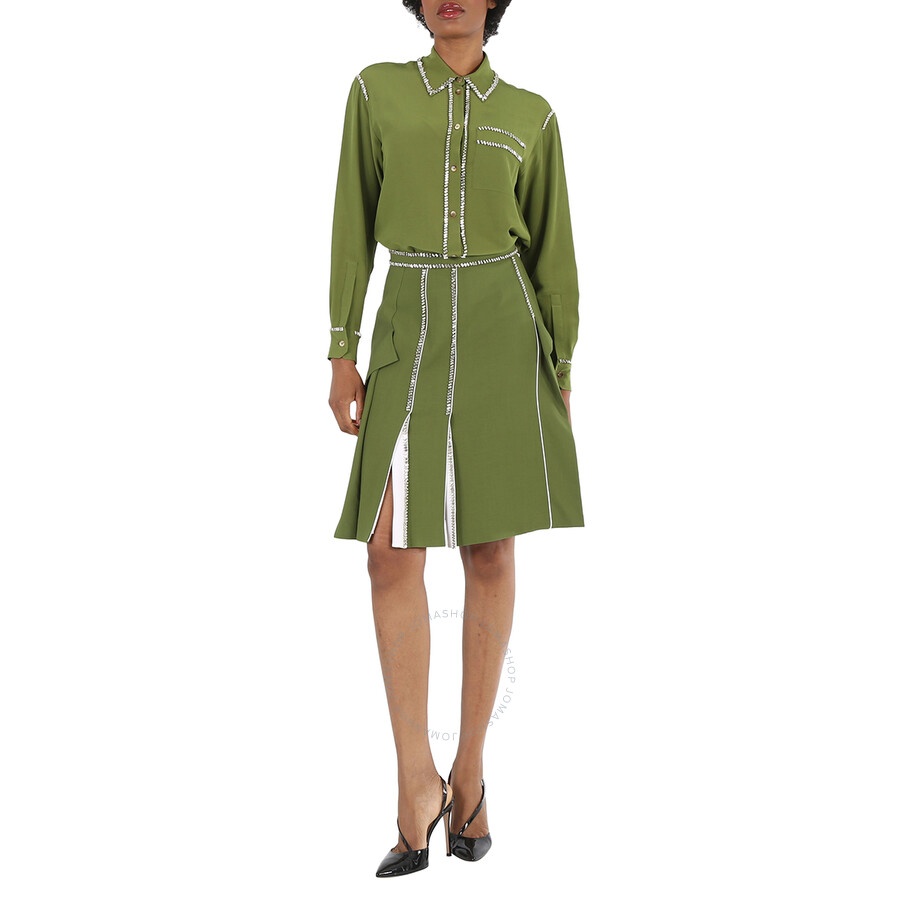 Burberry Ladies Cedar Green Crystal Detail Panelled Wool-Crepe A-Line Skirt - 6