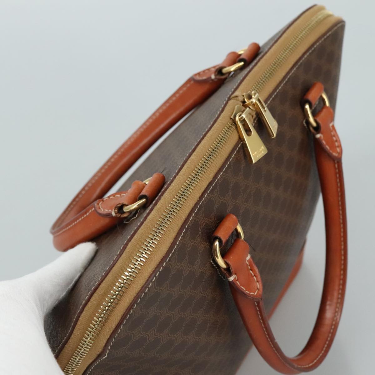 CELINE Macadam Canvas Hand Bag Pvc Leather Brown Gold - 6