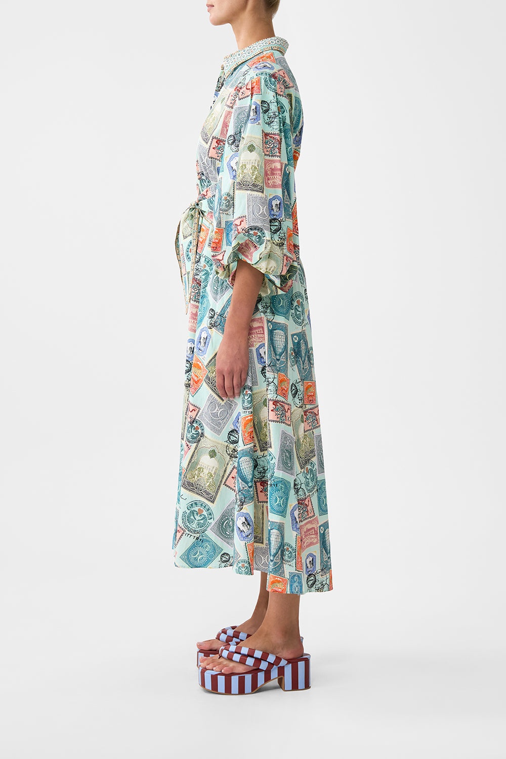 WAIST TIE SHIRT DRESS WITH BUBBLE SLEEVE - 4
