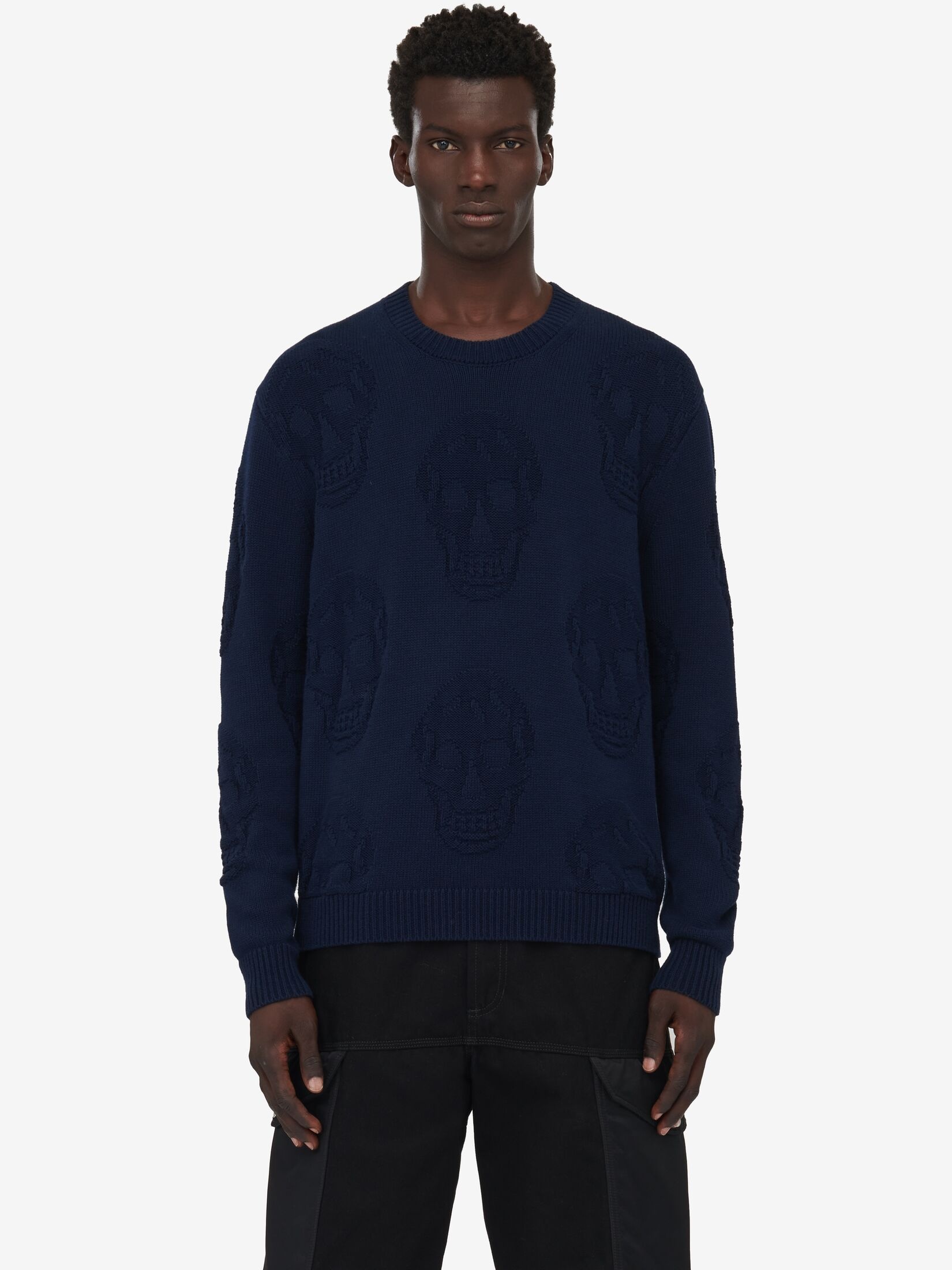 Men's Textured Skull Jumper in Navy - 5