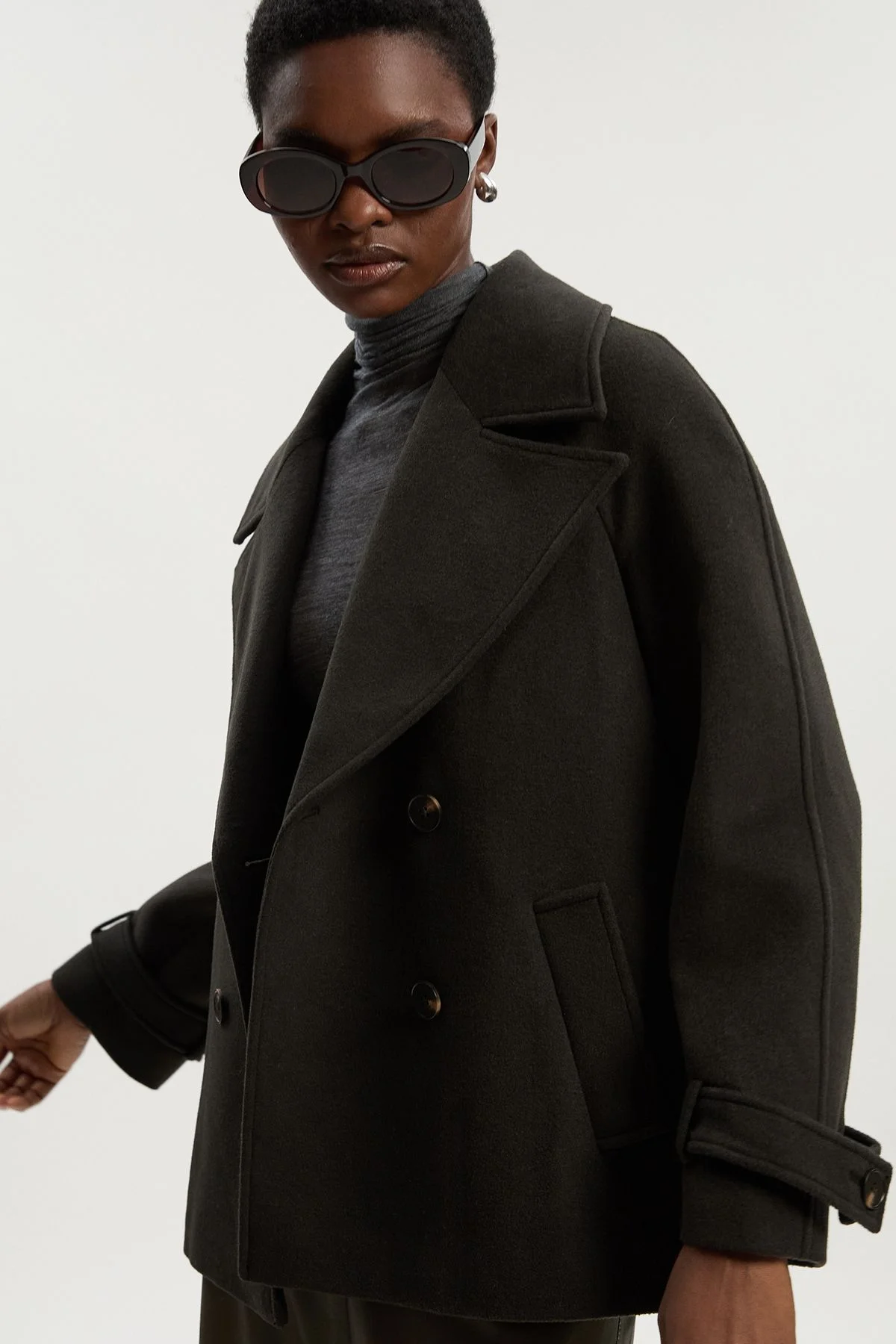 Tailored Brushed Wool Double Breasted Short Pea Coat - 1