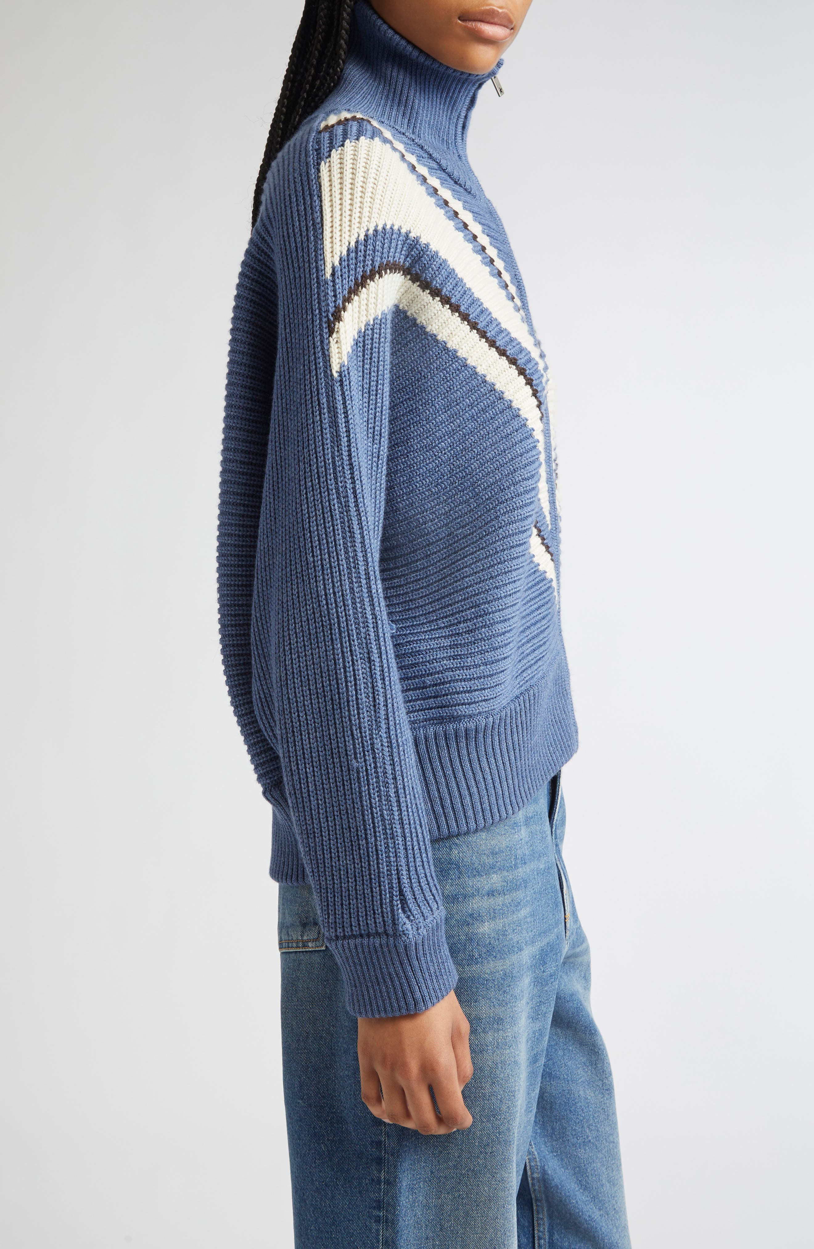 Golden Goose Journey Odilia Chevron Stripe Virgin Wool Zip Cardigan in Dutch Blue/Natural White at N - 4