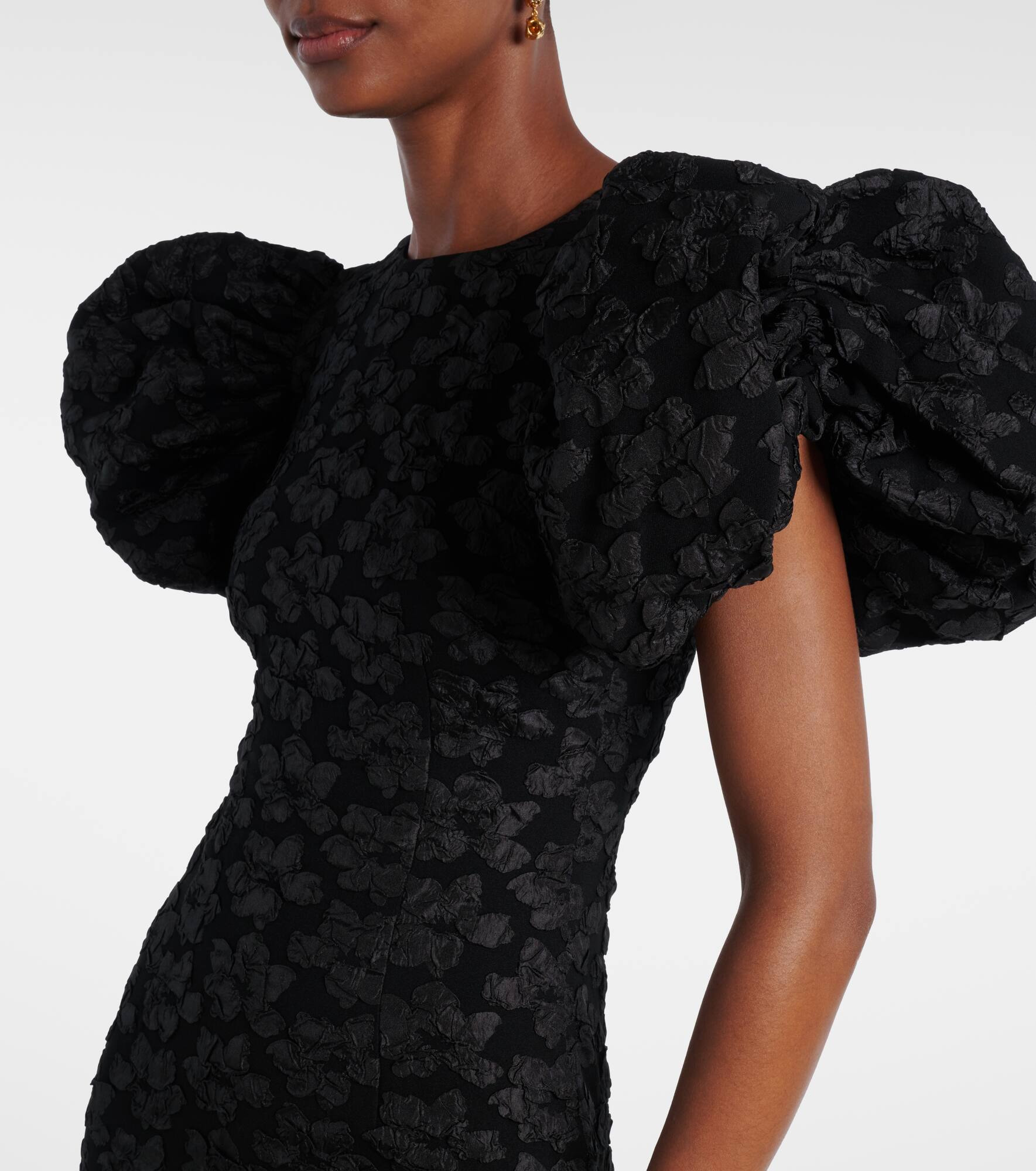 Floral jacquard puff-sleeve midi dress - 4