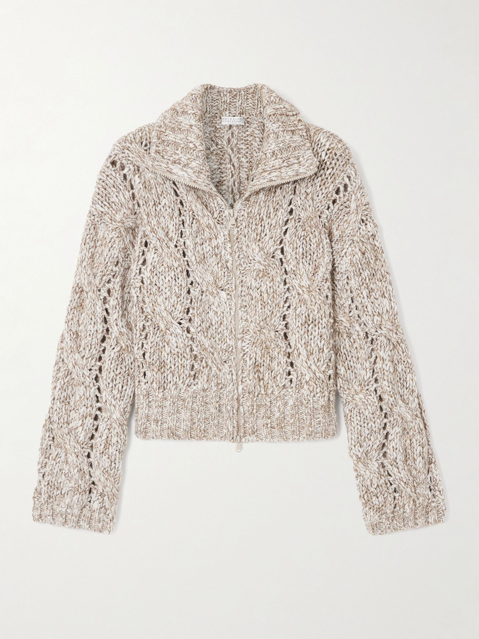 Sequin-embellished cable-knit wool cardigan Beige - 1