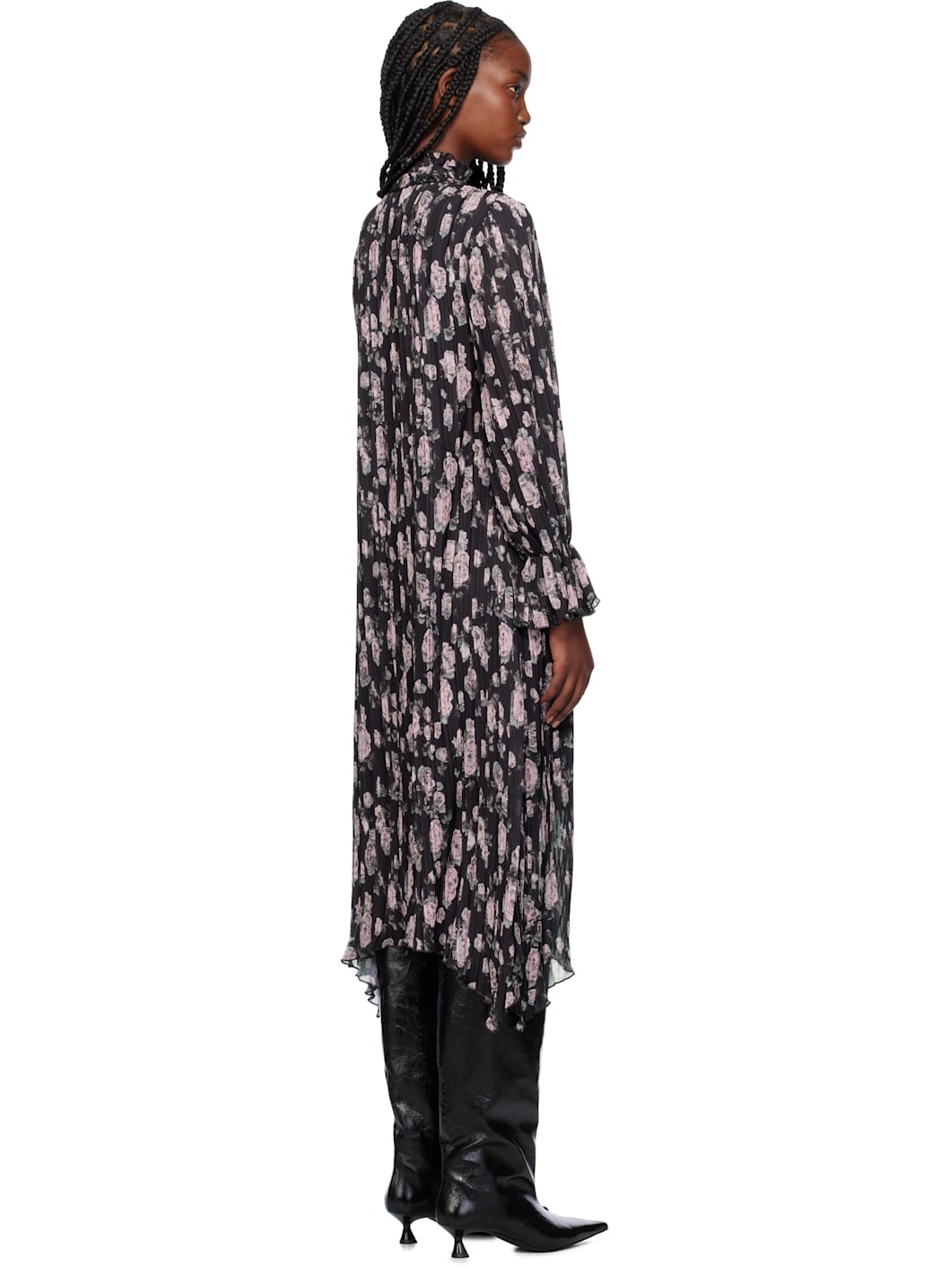 Black Floral Printed Pleated Midi Dress - 3