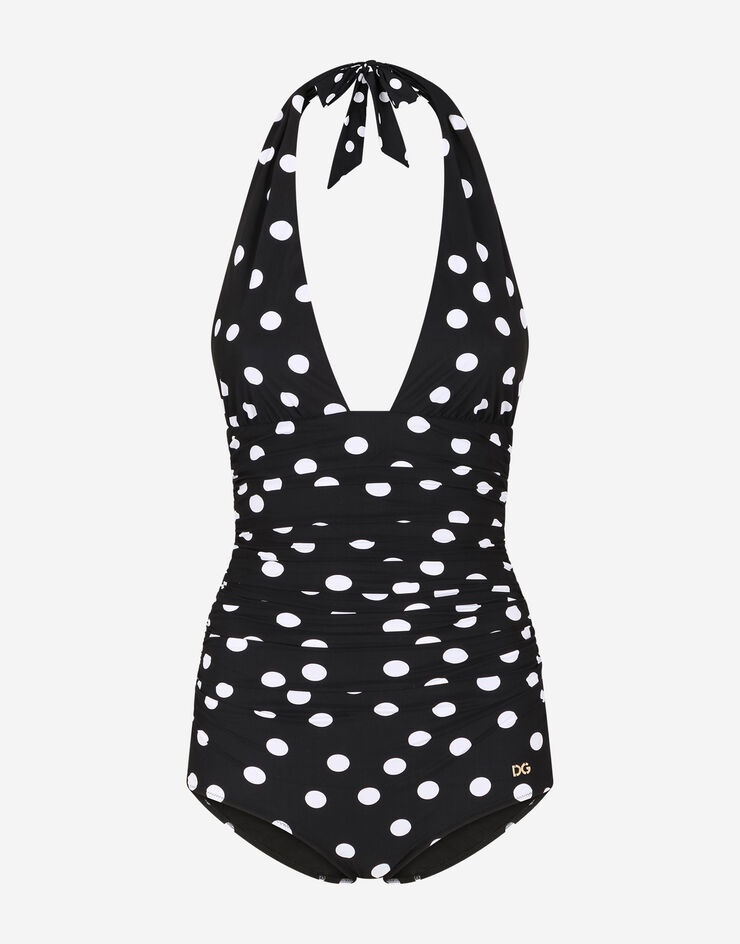 Polka-dot print one-piece swimsuit with plunging neckline - 1