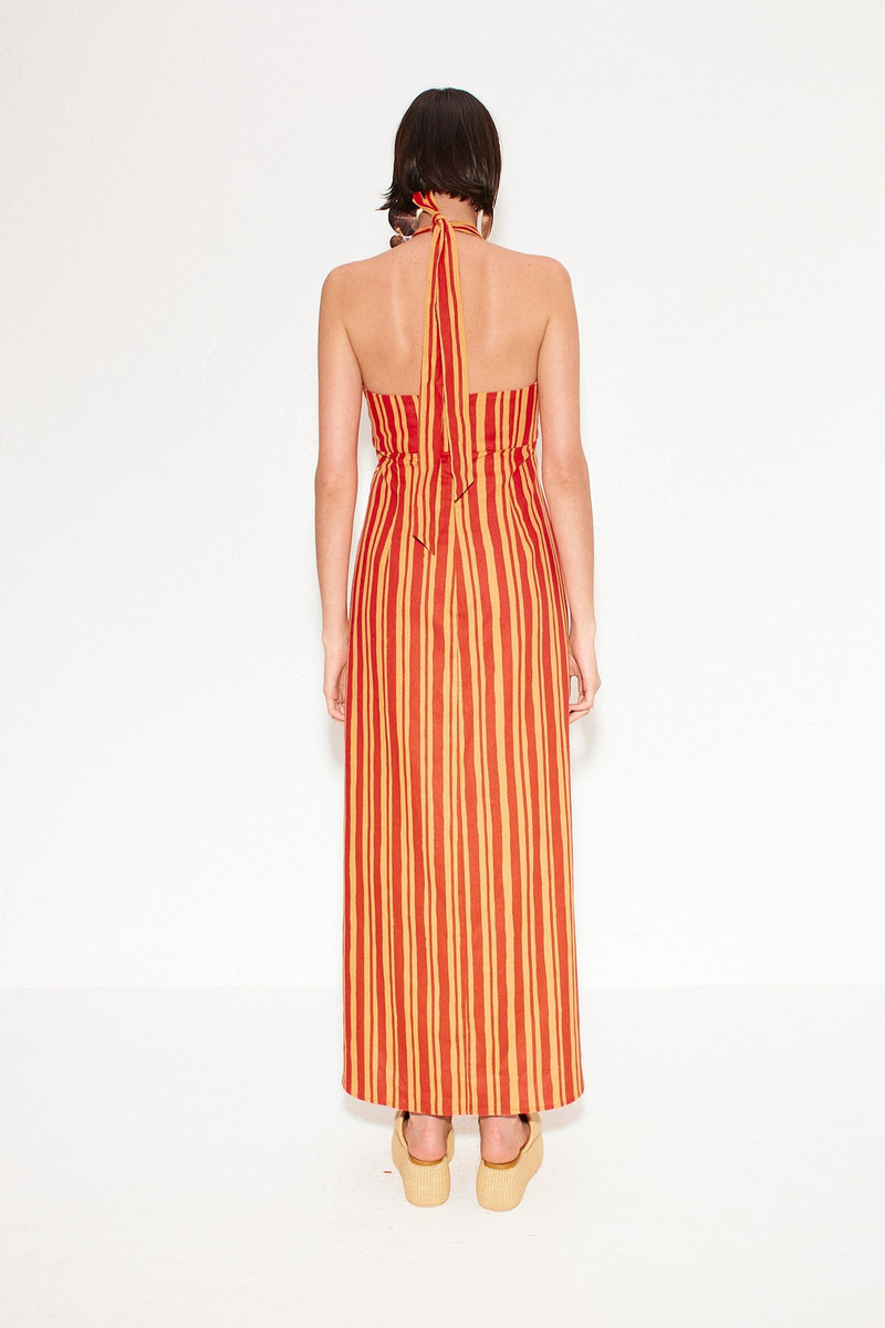 Del Linen Dress In Retro Red Orange Stripe 3