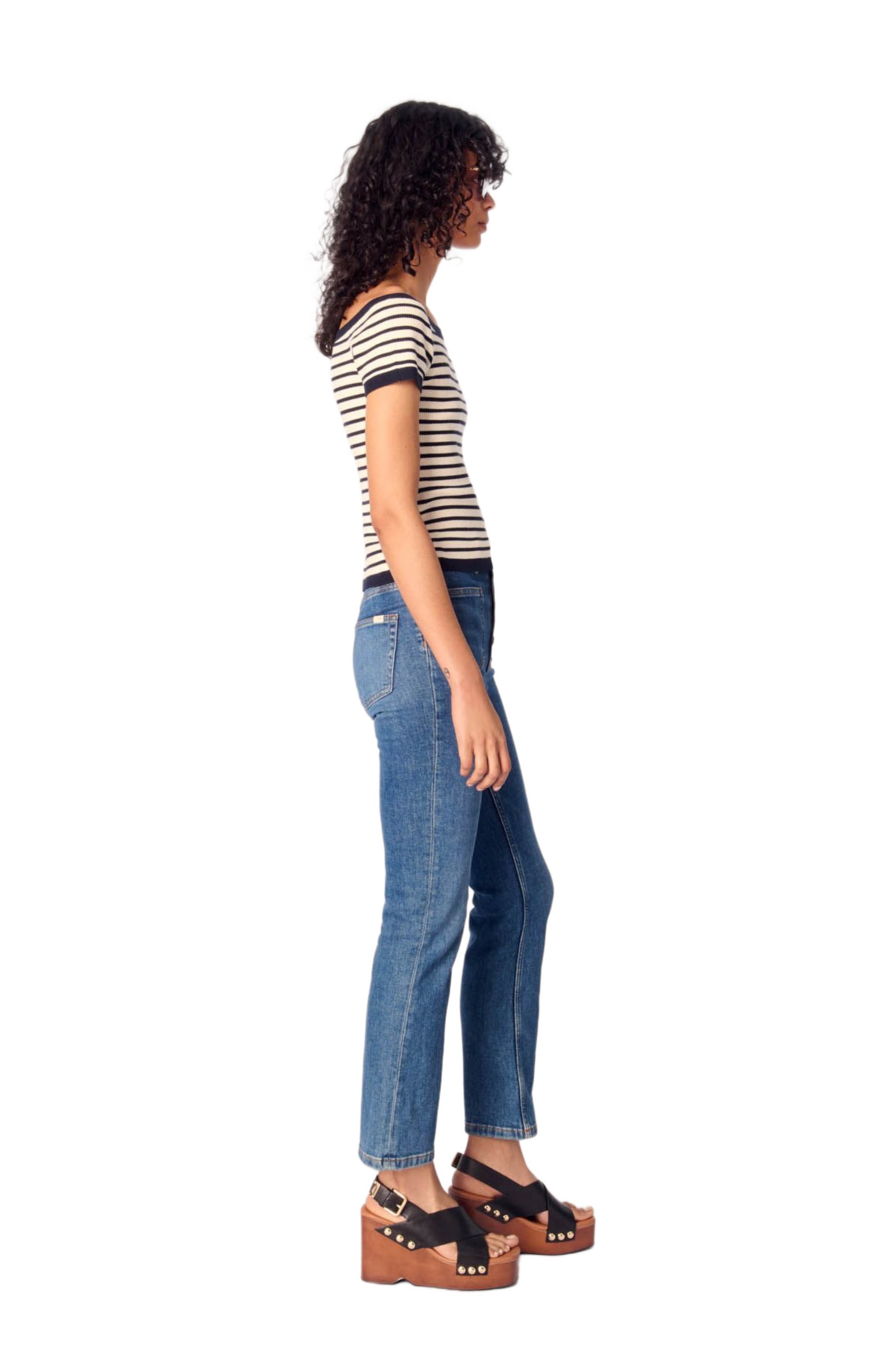 maje Rib knit short sleeve boat neck top in Navy /Ecru at Nordstrom - 3