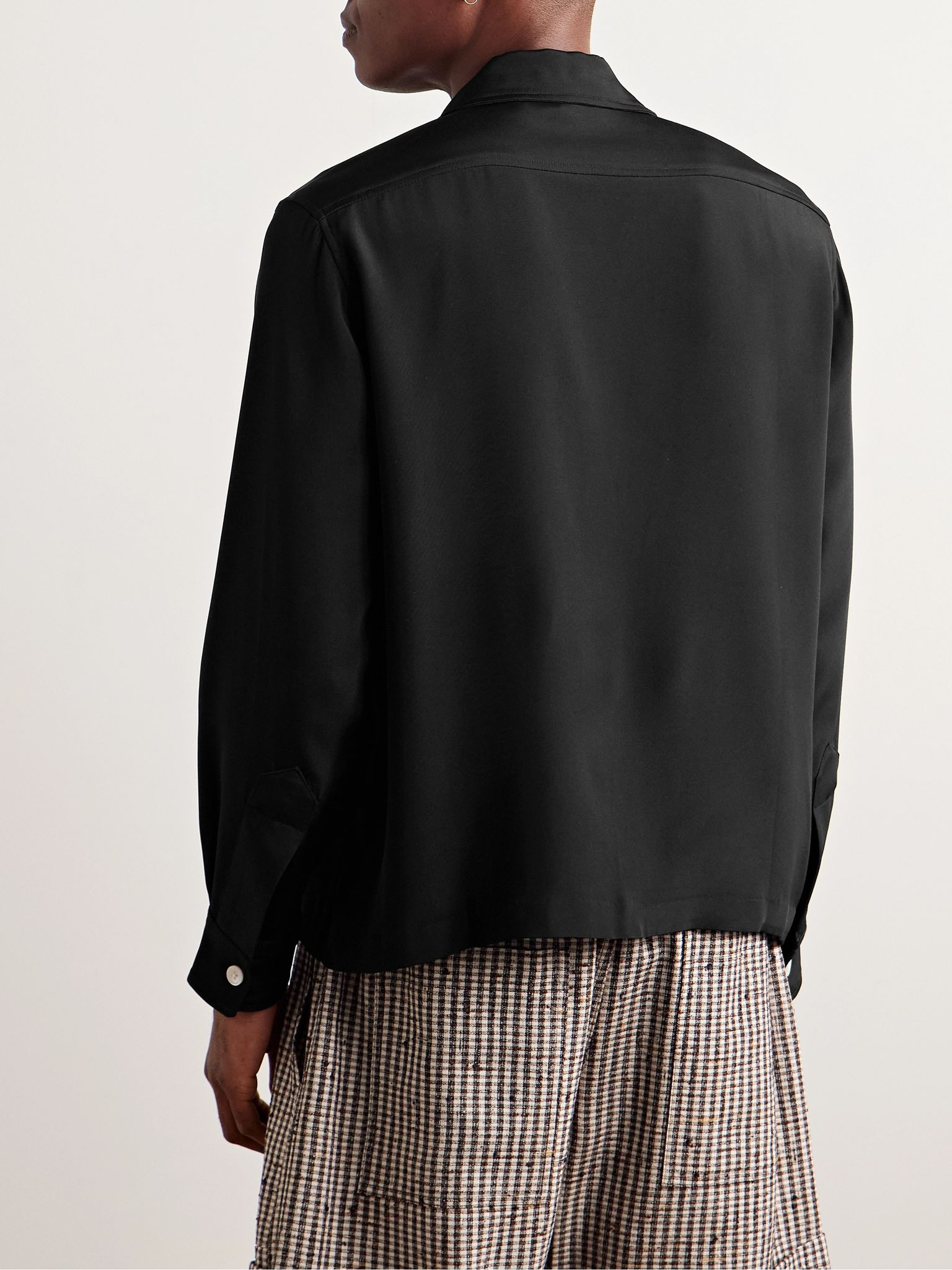 Camp-Collar Appliquéd Silk Shirt Black - 3