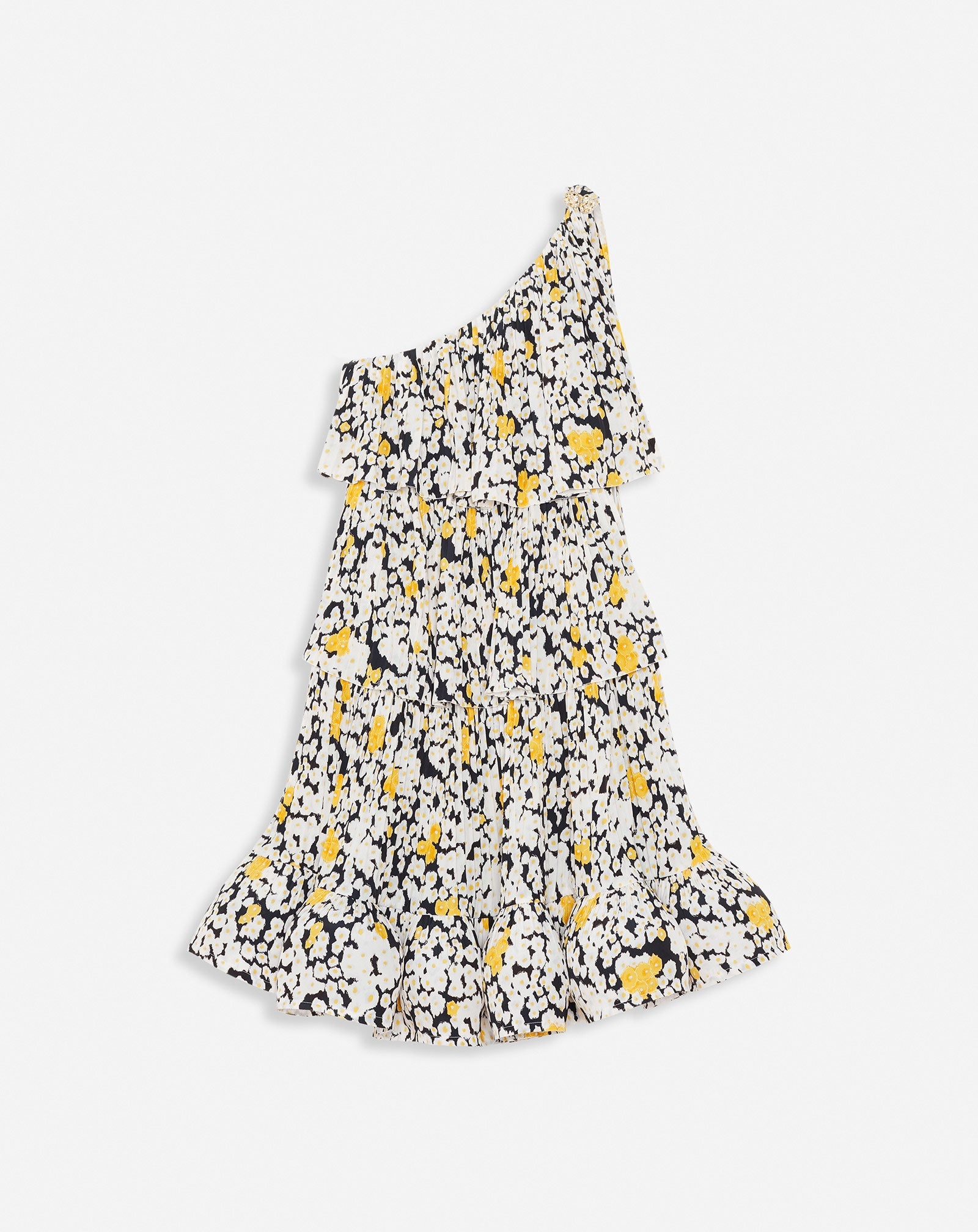 PRINTED CHARMEUSE ASYMMETRIC DRESS WITH RUFFLES - 1