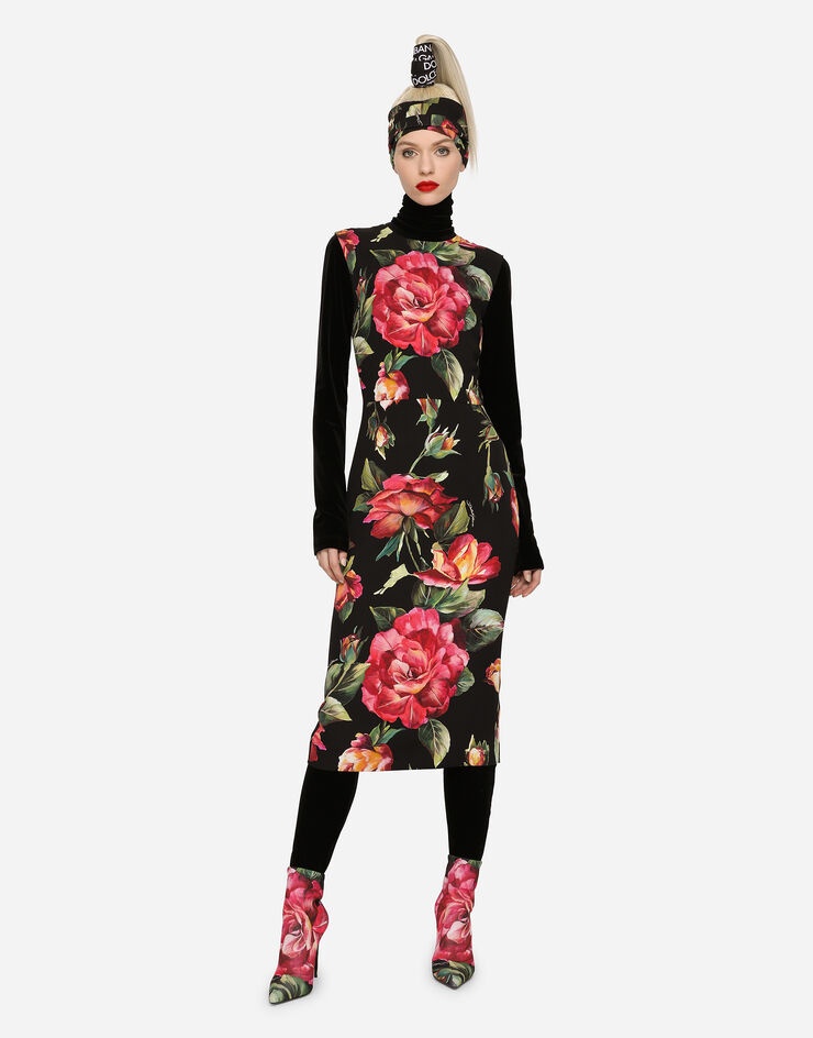 Rose-print charmeuse midi dress - 1