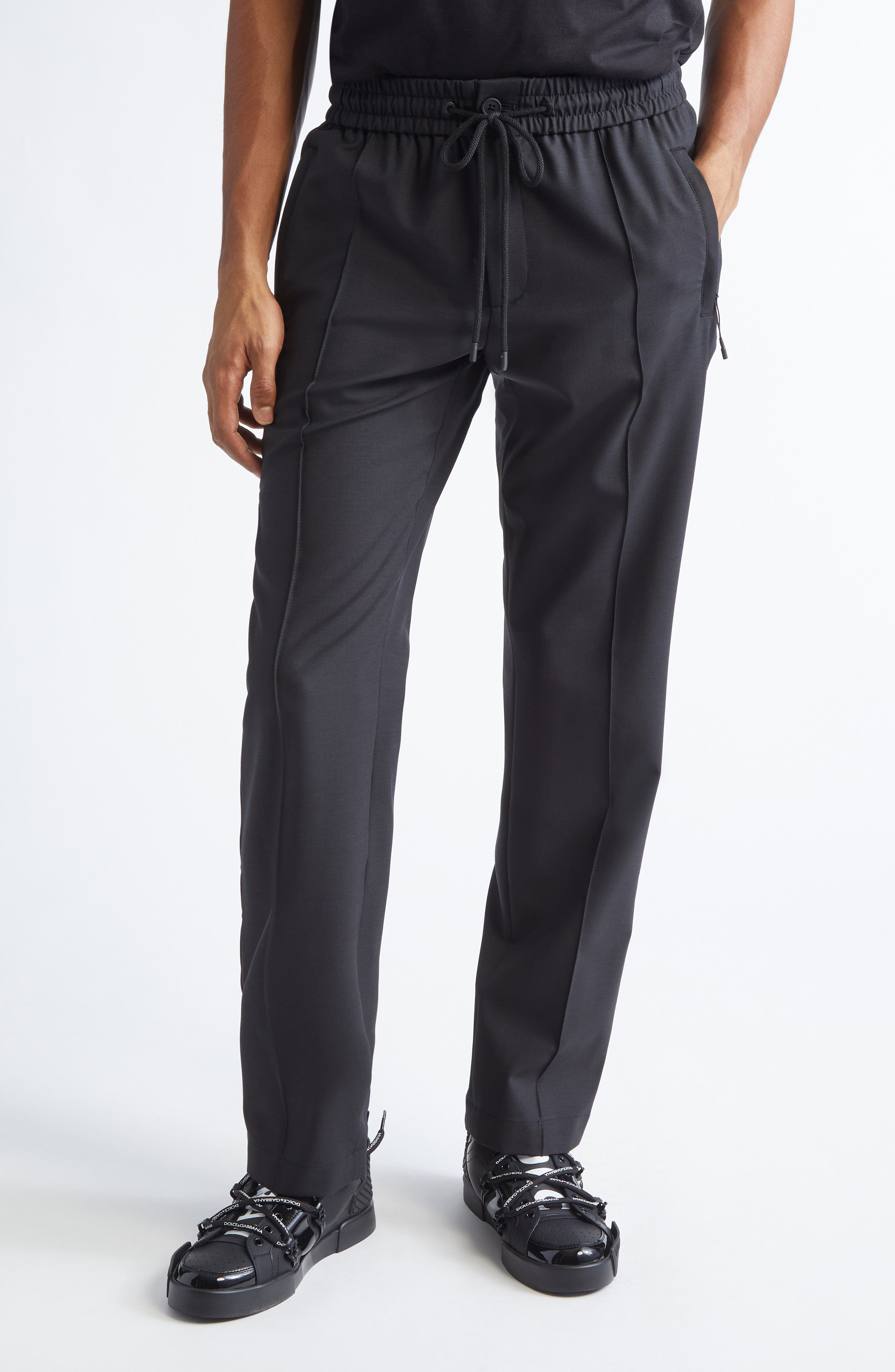 Dolce&Gabbana Drawstring Waist Wool Blend Canvas Pants in N0000 Nero at Nordstrom - 1
