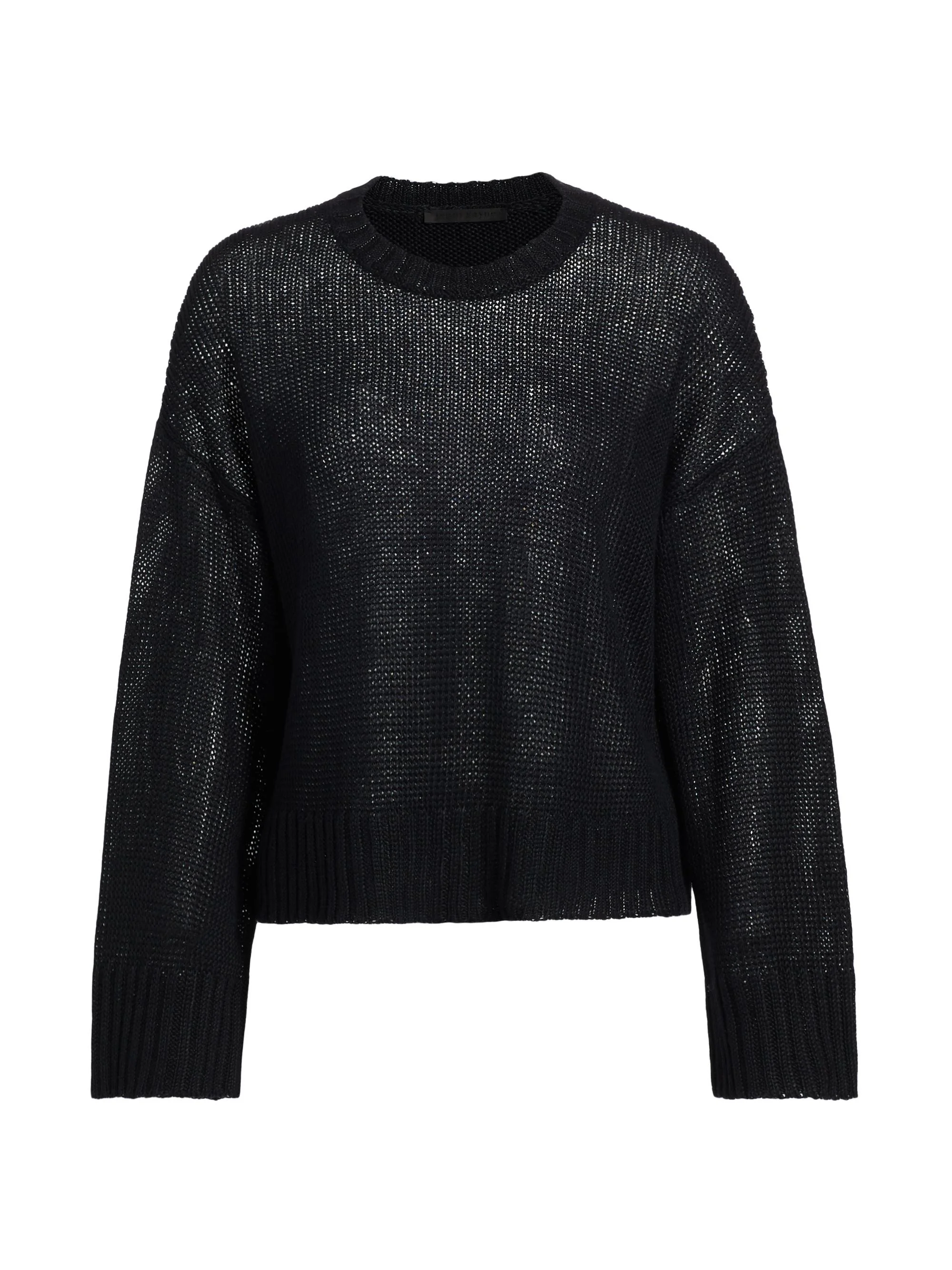 Women's Cropped Linen Knit Crewneck Sweater - Black - 1