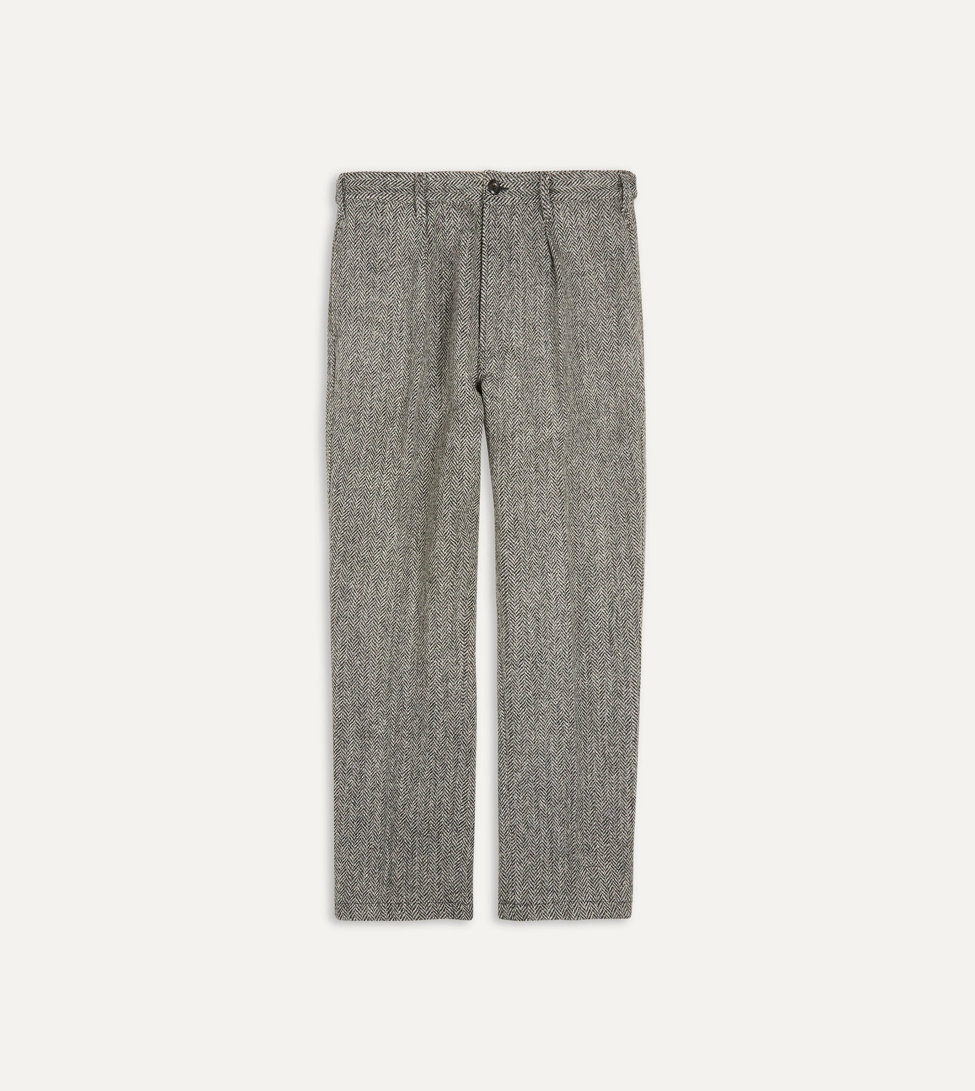 Grey Herringbone Harris Tweed One Pleat Games Trousers - 1