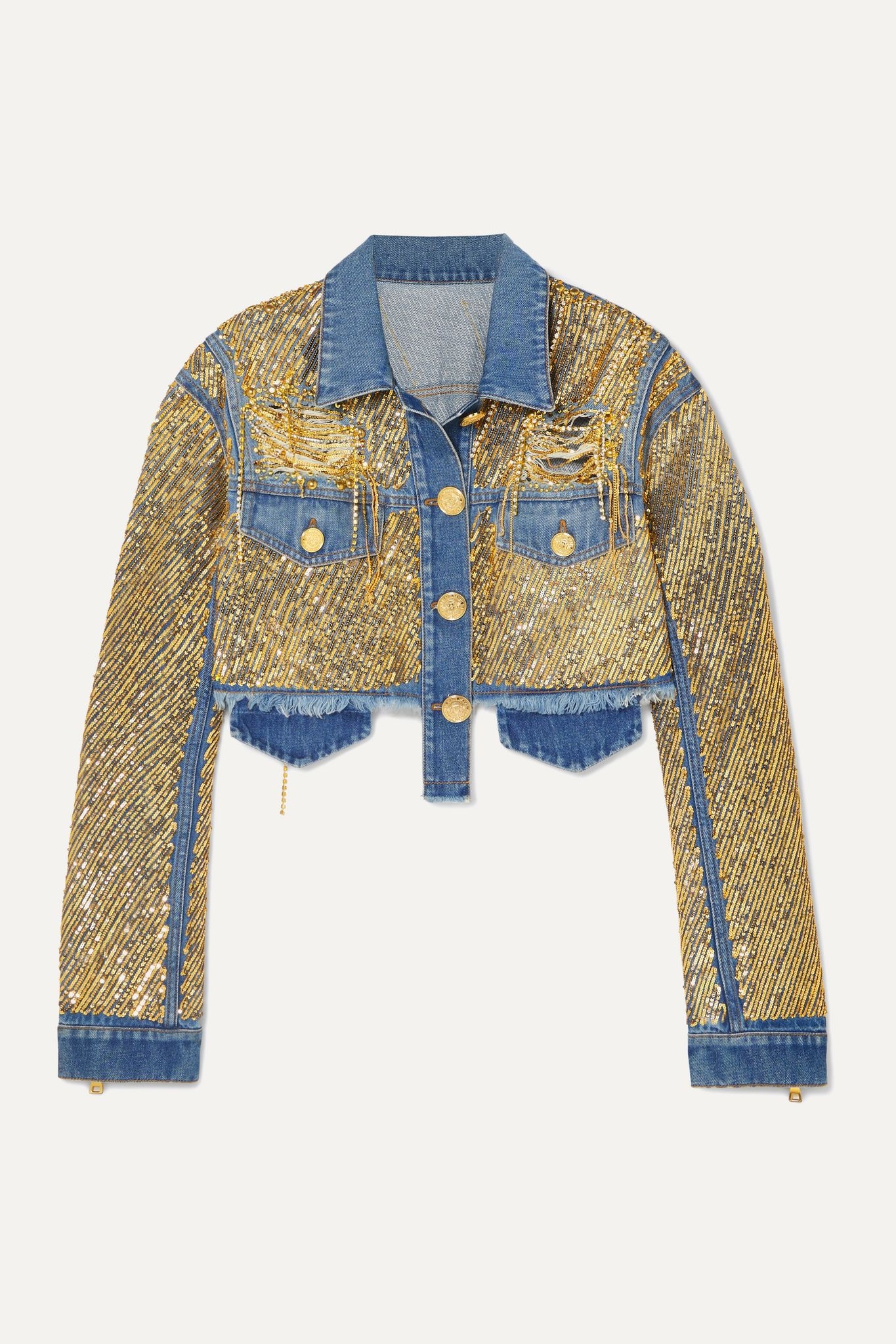 Cropped embellished distressed denim jacket - 1