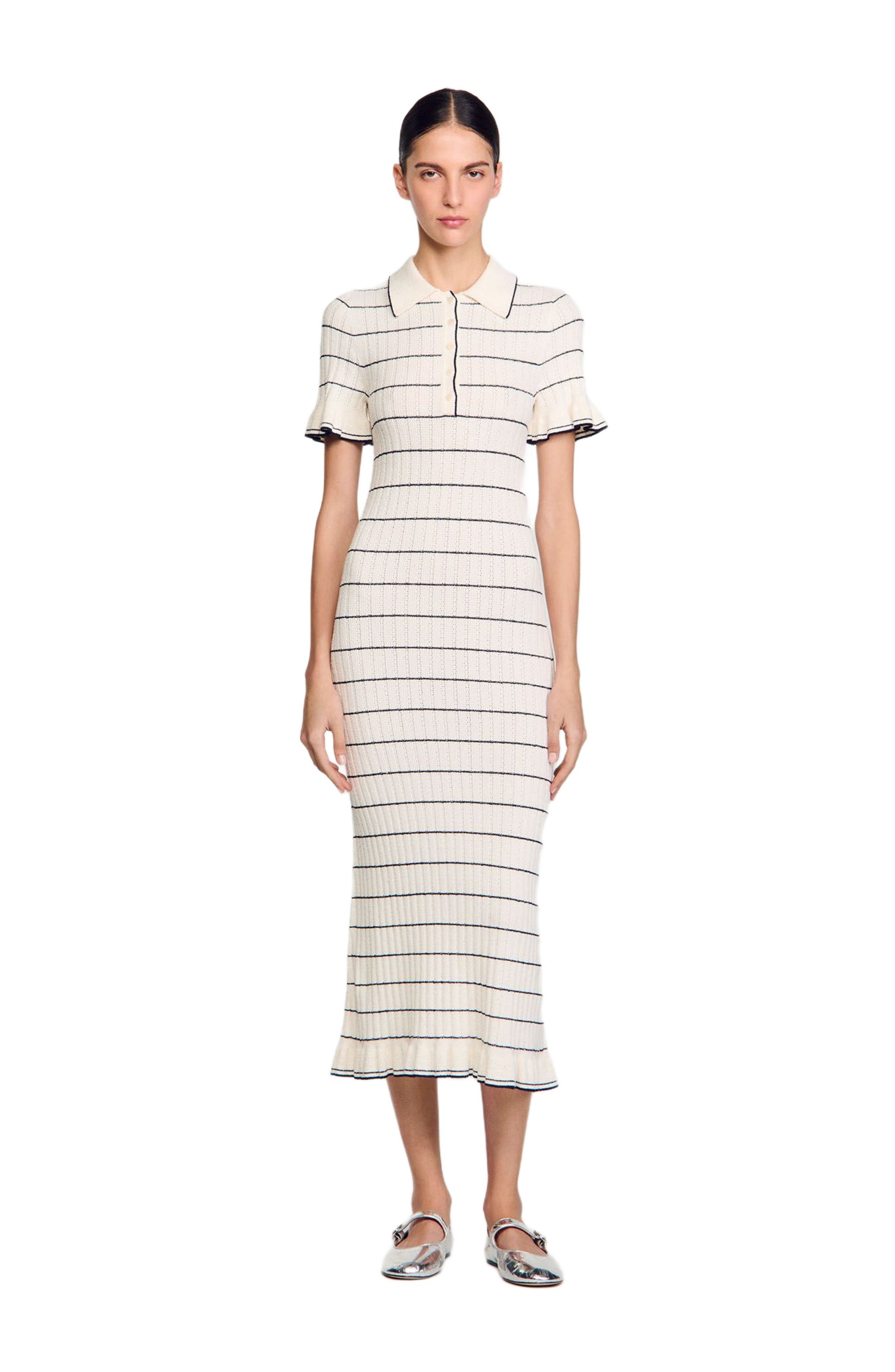 SANDRO Knitted maxi dress with polo neck in Ecru at Nordstrom - 6