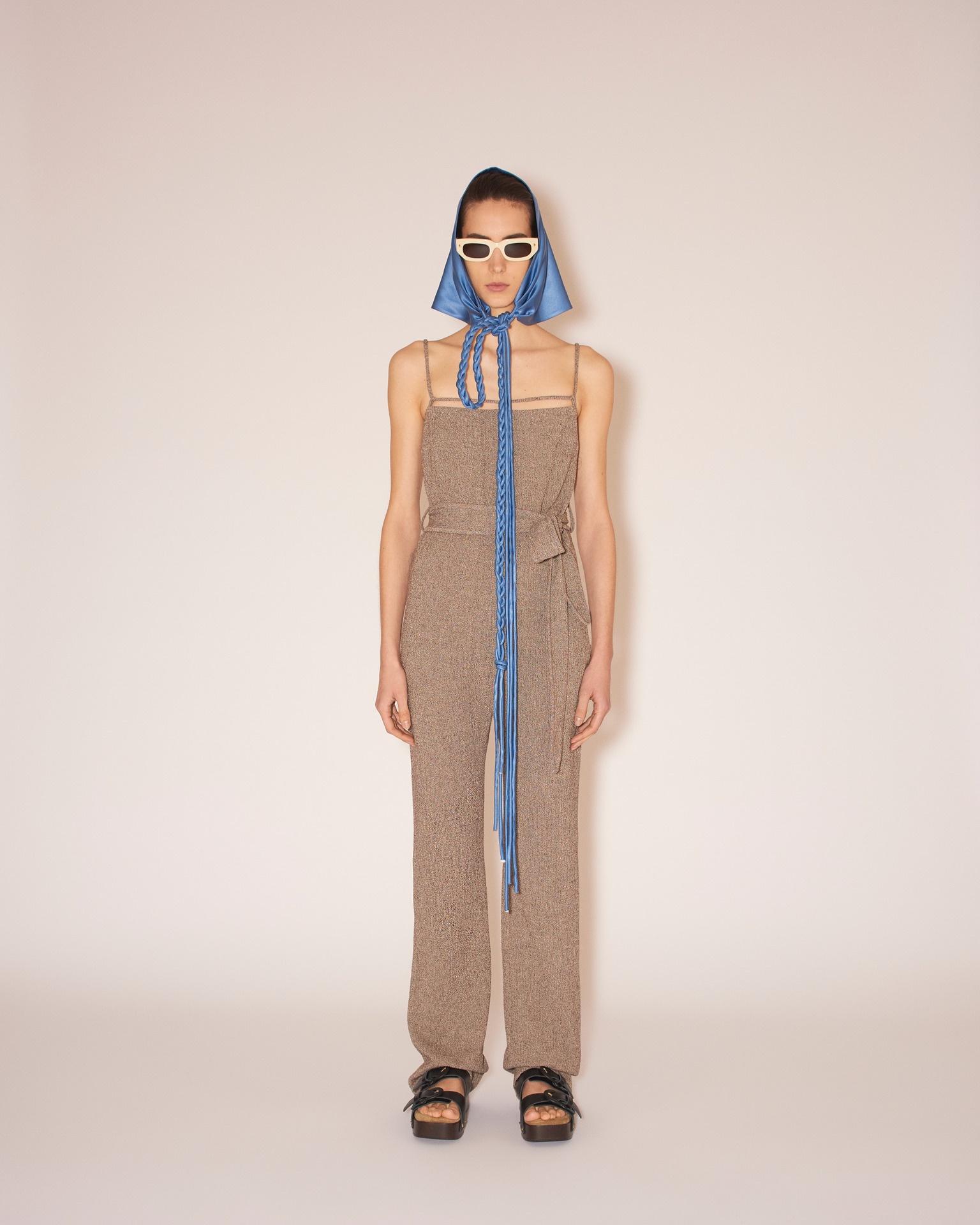 CADO - Crepe melange tie-waist jumpsuit - Brown - 3