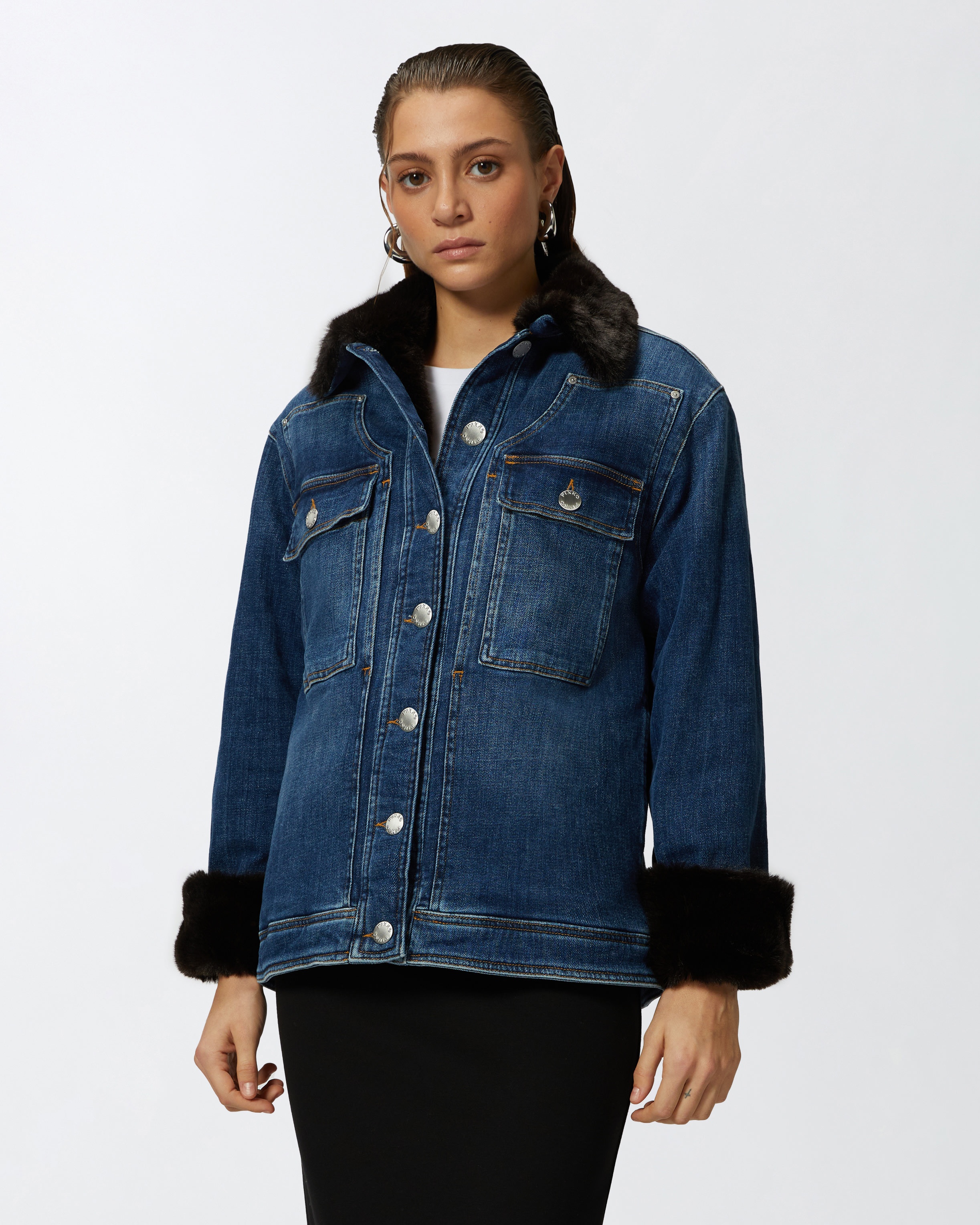 BLUE DENIM OVERSHIRT JACKET WITH FUR-EFFECT COLLAR - 3