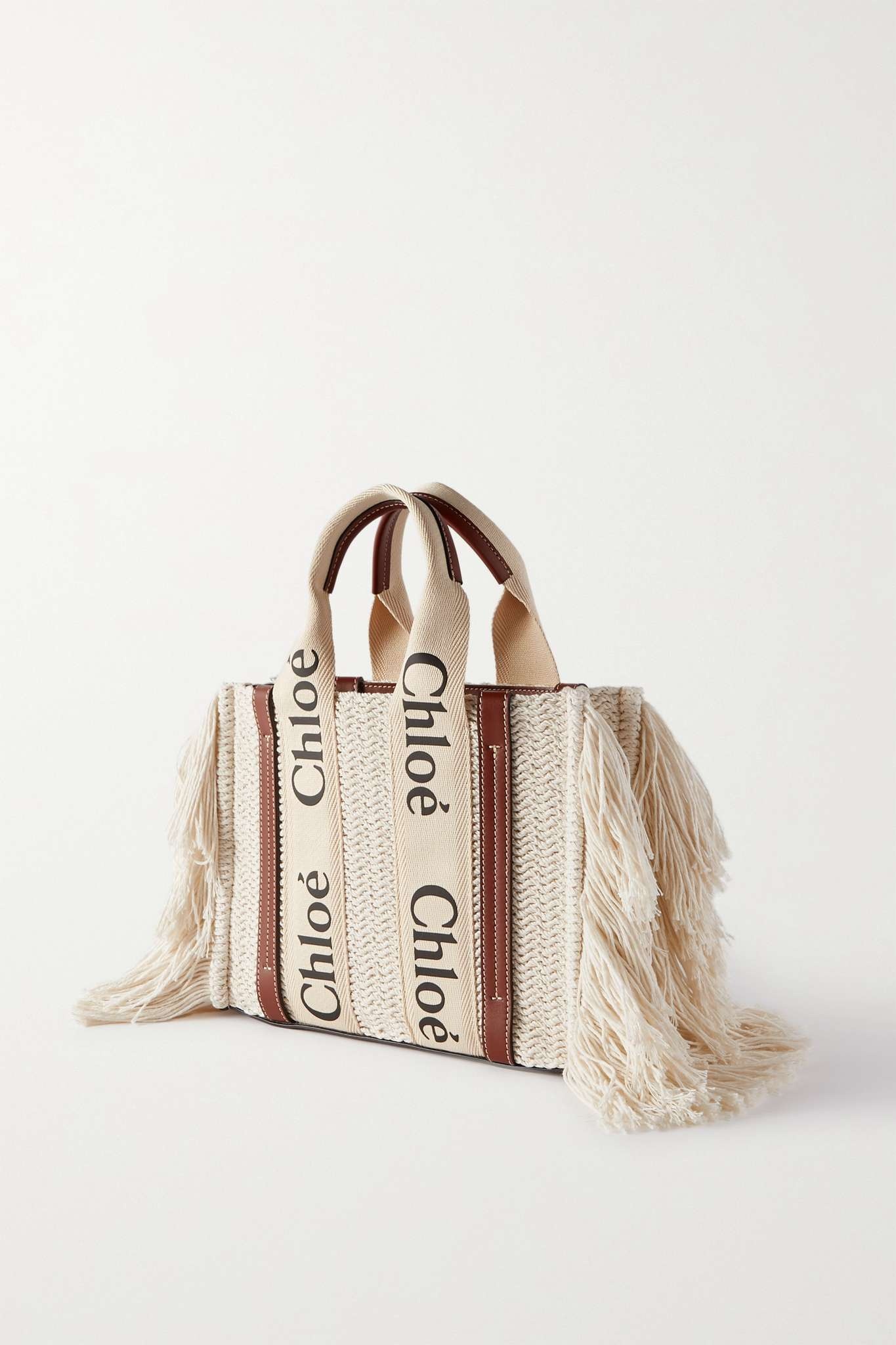 Woody small leather-trimmed fringed recycled cotton tote - 3