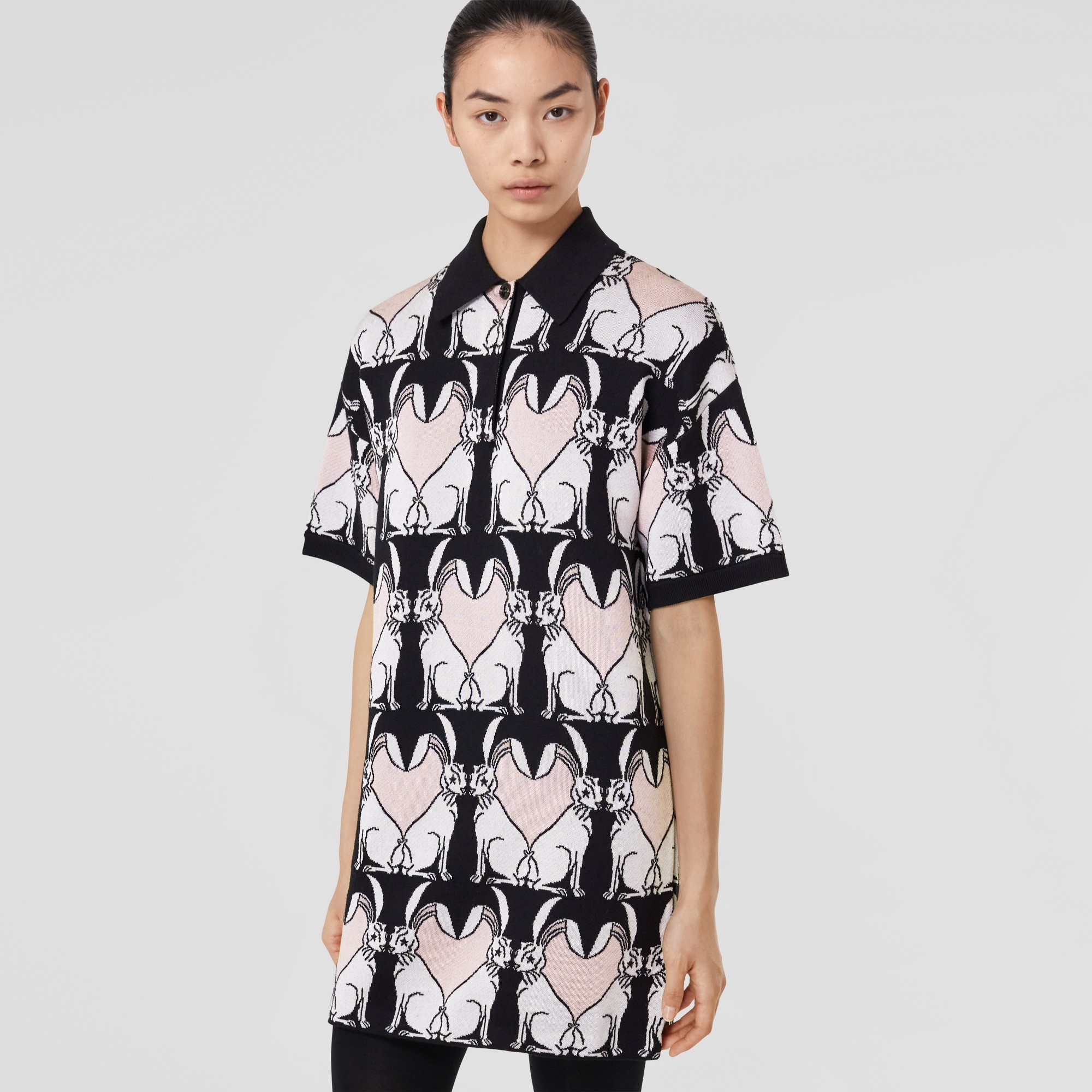Rabbit Motif Wool Blend Jacquard Polo Shirt Dress - 6