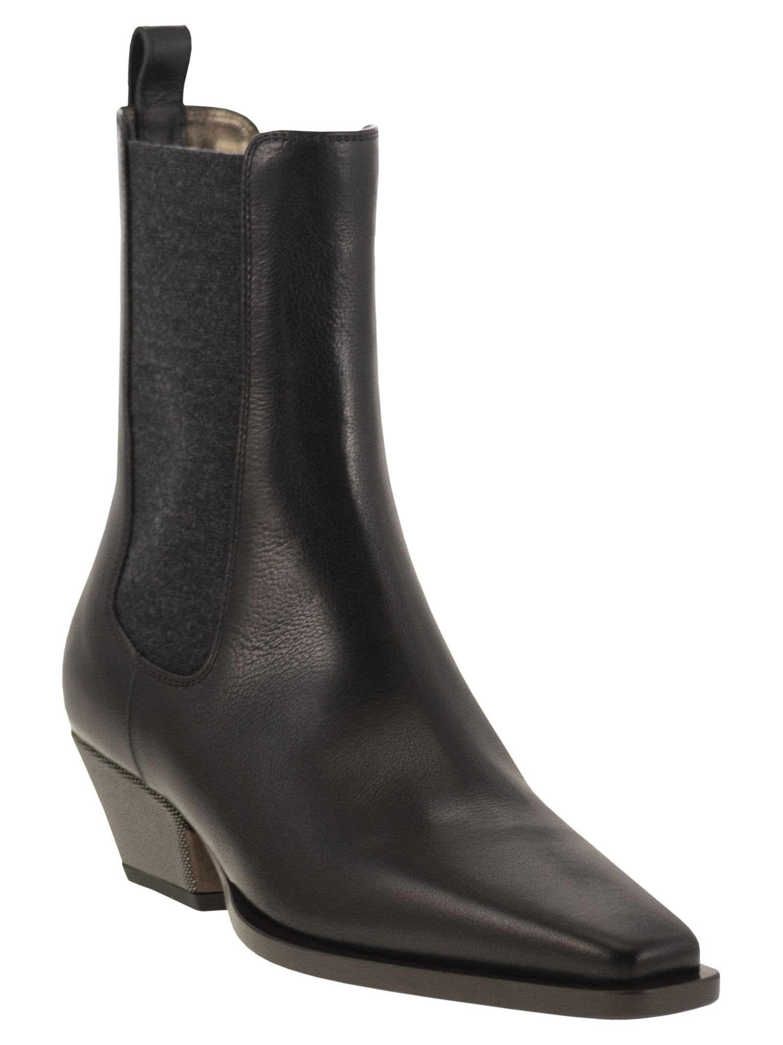 Brunello Cucinelli Women Classic Leather Chelsea Boot With Precious Block Heels - 2