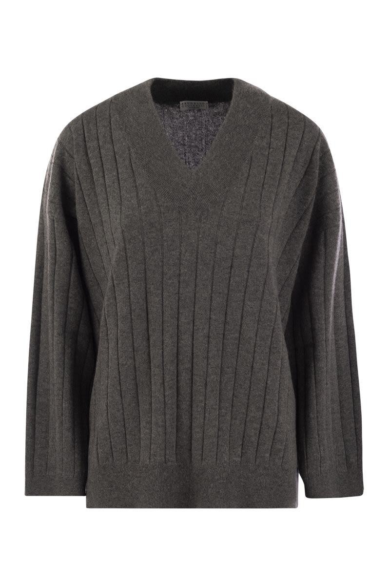 Brunello Cucinelli BRUNELLO CUCINELLI CASHMERE SWEATER WITH V-NECK AND NECKLACE - 1