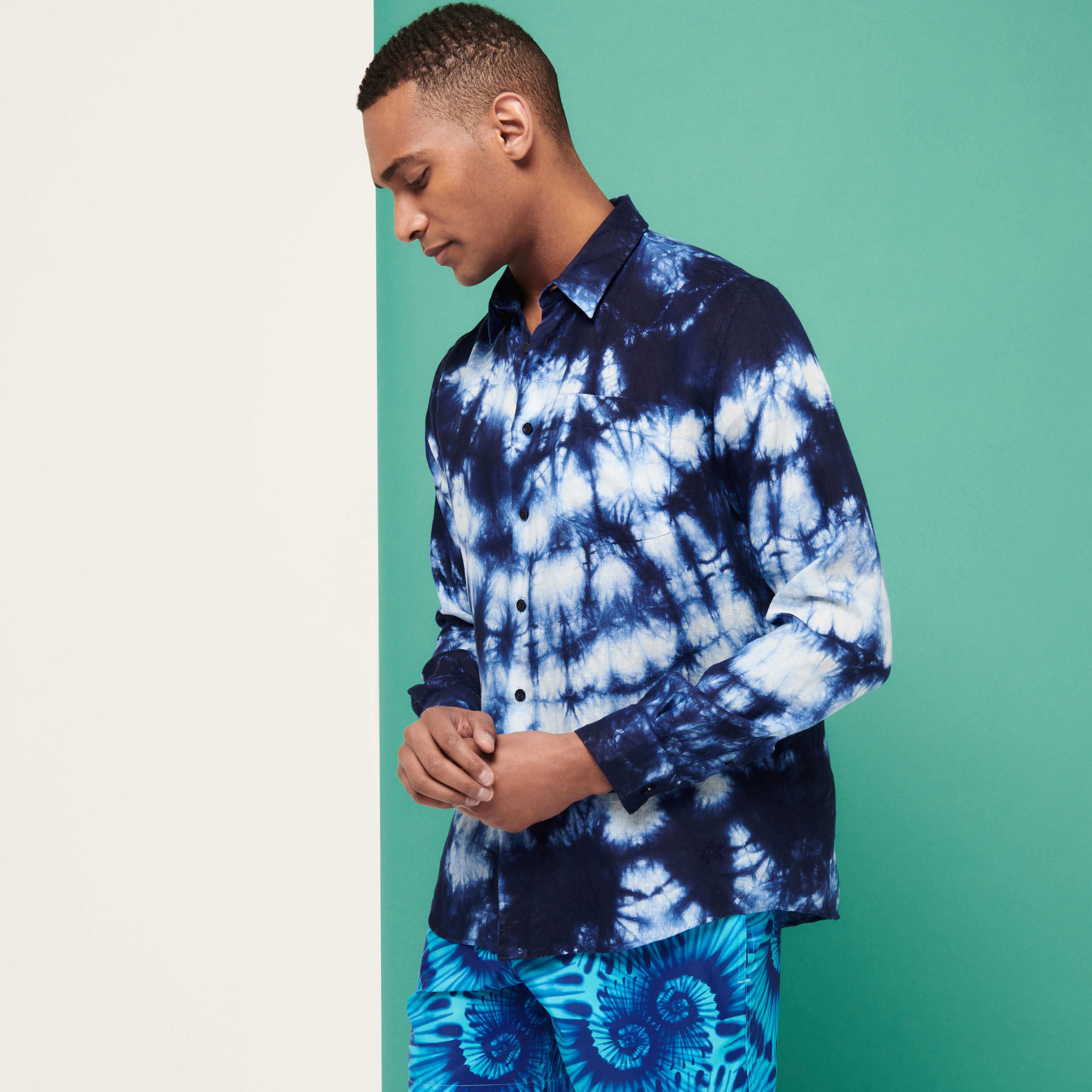 Men Bowling Shirt Linen and Cotton Fonds Marins Tie & Dye - 3