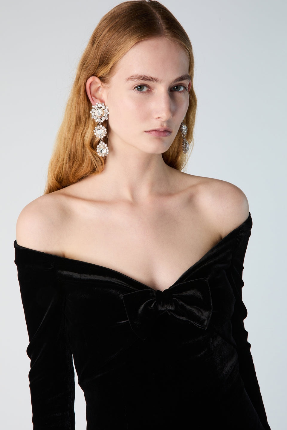 VELVET OFF THE SHOULDER GOWN WITH BOWS AND SPLIT - 6